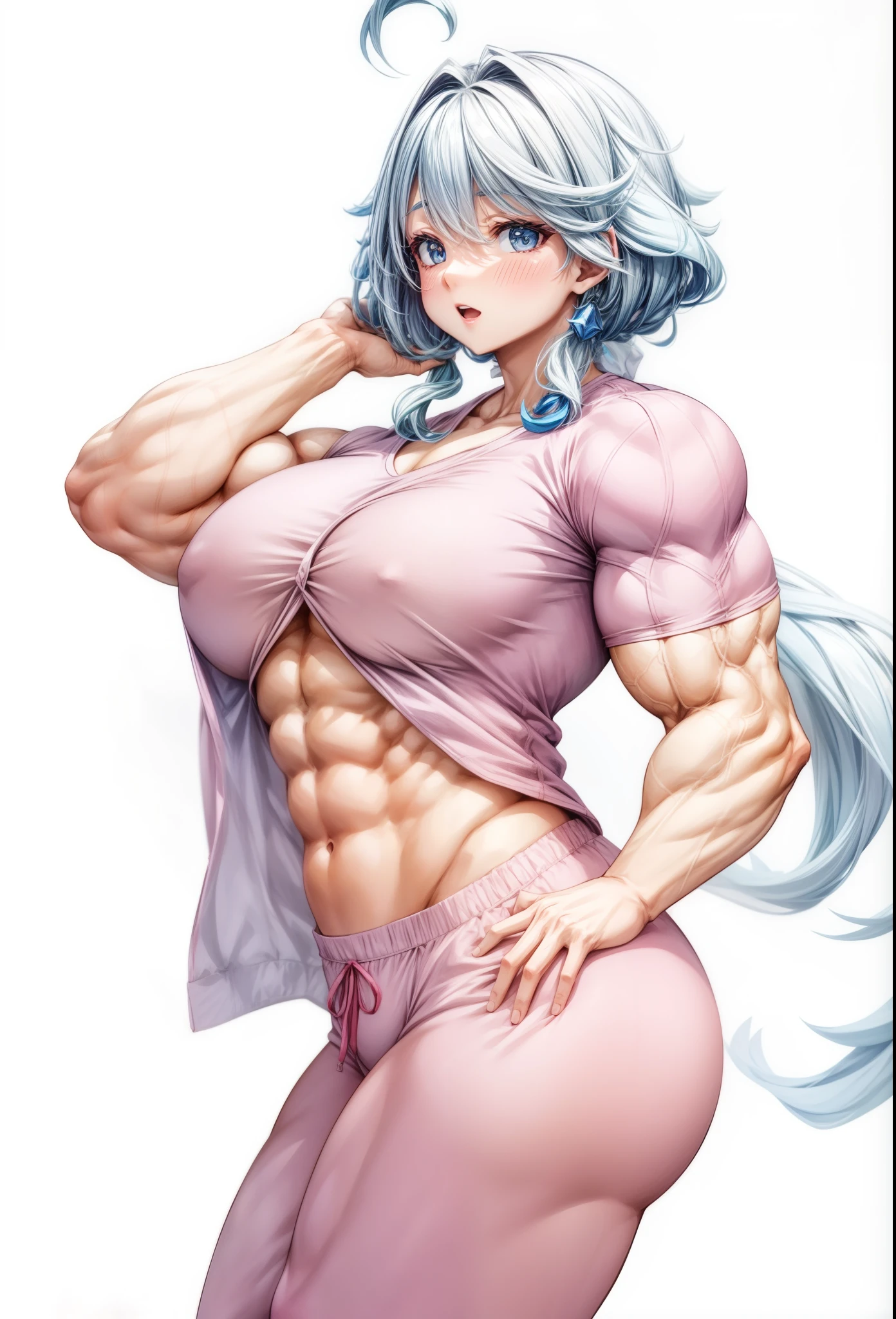, masterpiece,girl, furina (genshin impact),biceps,muscular female, alternate muscle size,,open mouth,broad shoulder,pecs, muscular ,bedroom,pajamas,