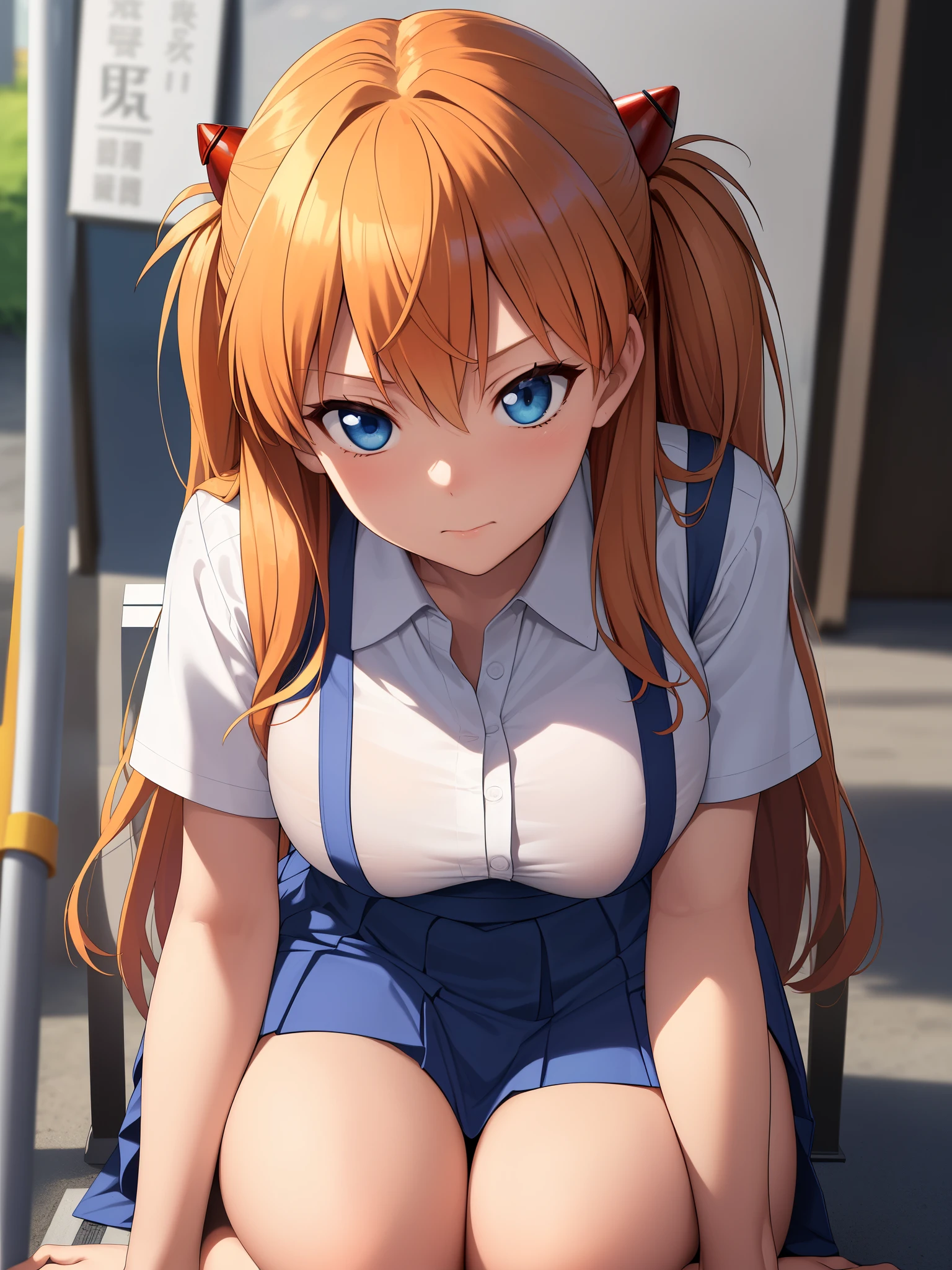 (masterpiece, highest quality:1.2), (Tsurime:1.2),
(face focus, close up of face, close up of face:1.2), Tsurime, 1 girl, Soryu Asuka Langley, alone、big breasts, blue eyes, school uniform, looking at the viewer, long hair, think back, Tokyo-3 middle school , orange hair, white shirt, from behind, shirt, short sleeve, closed mouth, bangs, two side up, stage, legs stick out from frame, white socks, suspender skirt, blue skirt, blue dress, outdoors, dress, hair ornaments,