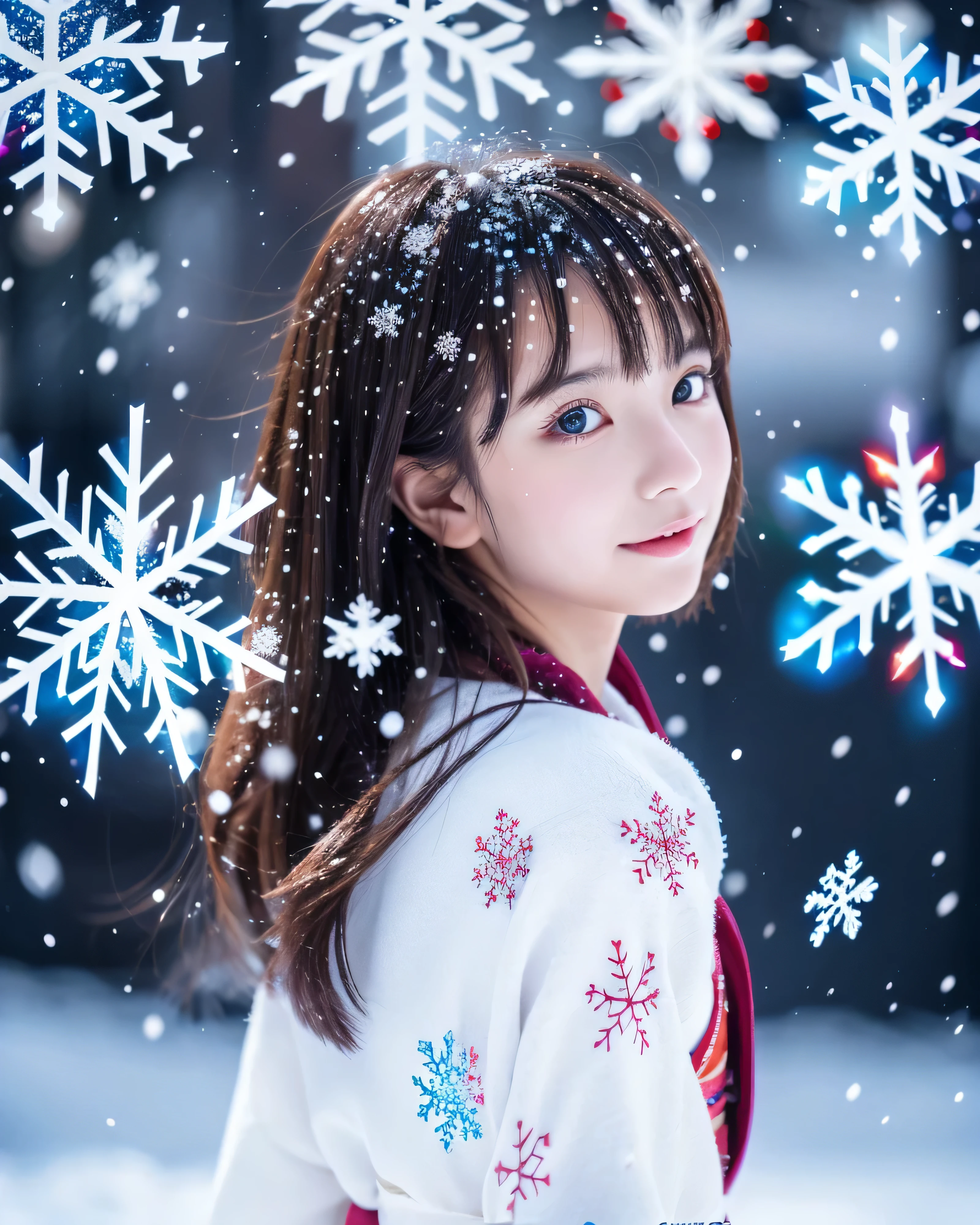 (highest quality, 8k, High resolution, masterpiece:1.5, ), beautiful japanese girl, snow girl, 18-year-old, perfect human anatomy, big magic eyes, A fleeting expression, Dense black hair that is intricately disheveled, beautiful long hair, asymmetrical bangs, smooth and soft white skin, Pure white kimono, fine fabric, (Small colorful sparkling snowflakes dance across the screen..:1.3), Cherry blossoms in full bloom in a beautiful snowy landscape, sunlight on snowy mountains, sparkling light effect, professional lighting, professional photographer, professional model