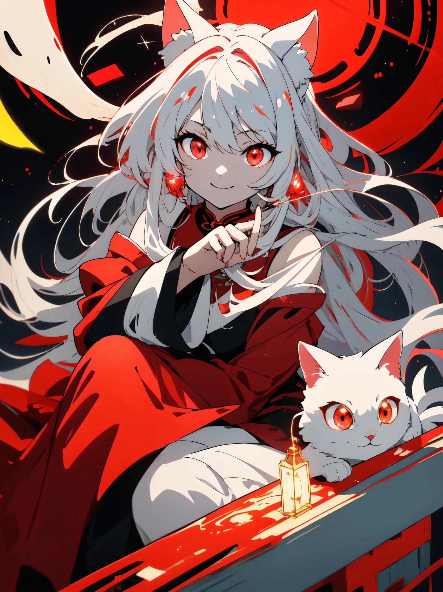 ((highest quality、masterpiece、glowing red eyes、detailed))、beautiful face、white cat ears、long white hair、red cheongsam、Anime style sitting and smiling 、night、Lots of firefly light、beautiful anime、riverbank