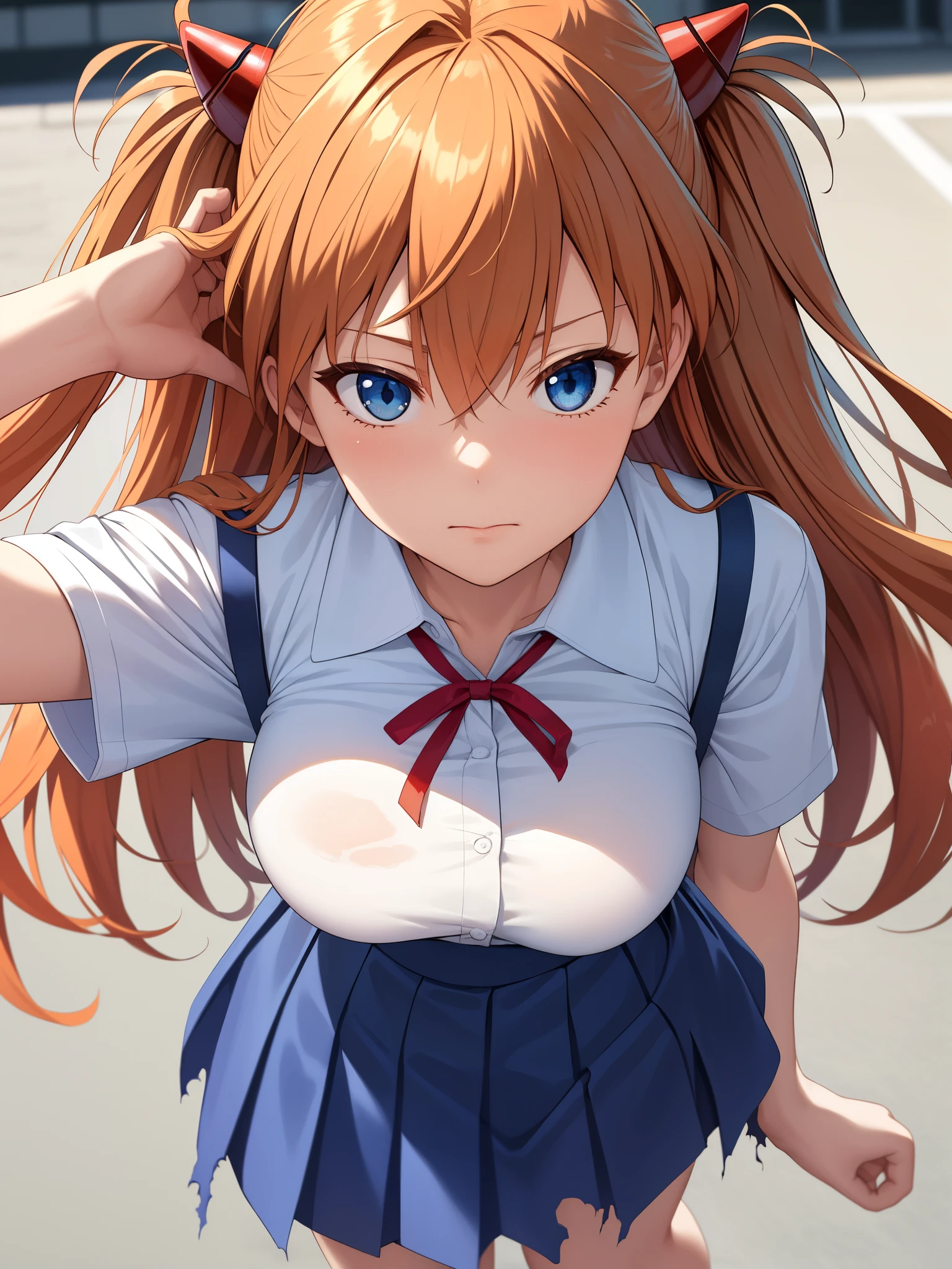 (masterpiece, highest quality:1.2), (Tsurime:1.2),
(face focus, close up of face, close up of face:1.2), Tsurime, 1 girl, Soryu Asuka Langley, alone、big breasts, blue eyes, school uniform, looking at the viewer, long hair, think back, Tokyo-3 middle school , orange hair, white shirt, from behind, shirt, short sleeve, closed mouth, bangs, two side up, stage, legs stick out from frame, white socks, suspender skirt, blue skirt, blue dress, outdoors, dress, hair ornaments,Clothes severely torn、Wet and transparent clothes
 