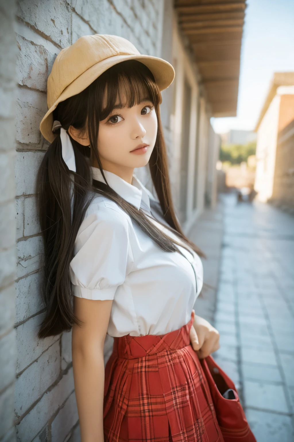 chunmomo,1girl,3d,asian,backpack,bag,bangs,bathroom,black eyes,black hair,blunt bangs,blurry,blurry background,blurry foreground,brick,brick floor,brick wall,brown eyes,brown hair,chain-link fence,closed mouth,clothes lift,cosplay photo,day,depth of field,fence,graffiti,hat,honeycomb \(pattern\),honeycomb background,lifted by self,lips,long hair,looking at viewer,nose,outdoors,pavement,photo \(medium\),photorealistic,realistic,school hat,shirt,short sleeves,silk,skirt,skirt hold,skirt lift,solo,spider web,stone floor,stone wall,tile floor,tile wall,tiles,twintails,upper body,wall,white shirt