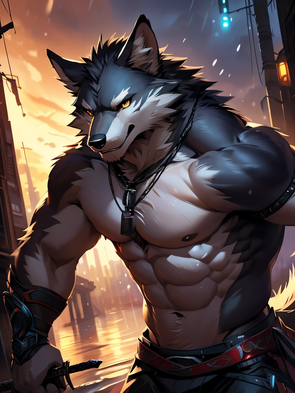 posted on e621, (by Chunie, by YifengLz), male, solo, Yellow eyes, (Realistic eye details 1.2), anime character with a sword and a wolf in the rain, muscular werewolf, Slim body, full body like, badass anime 8 k, a minotaur wolf, trending on artstation pixiv, muscular! cyberpunk, an anthropomorphic wolf, an anthro wolf, by Shitao, 4k anime wallpaper, anthropomorphic wolf, anthropomorphic wolf male, Standing up, in a panoramic view, masterpiece, Abstract beauty, ultra detailed face, depth of field, motion blur, high details, high quality, award winning, HD, 16k, (best quality,4k,8k,highres,masterpiece:1.2),ultra-detailed,realistic:1.37,HDR,UHD,studio lighting,extreme detail description,professional,vivid colors,bokeh,lively atmosphere, natural lighting