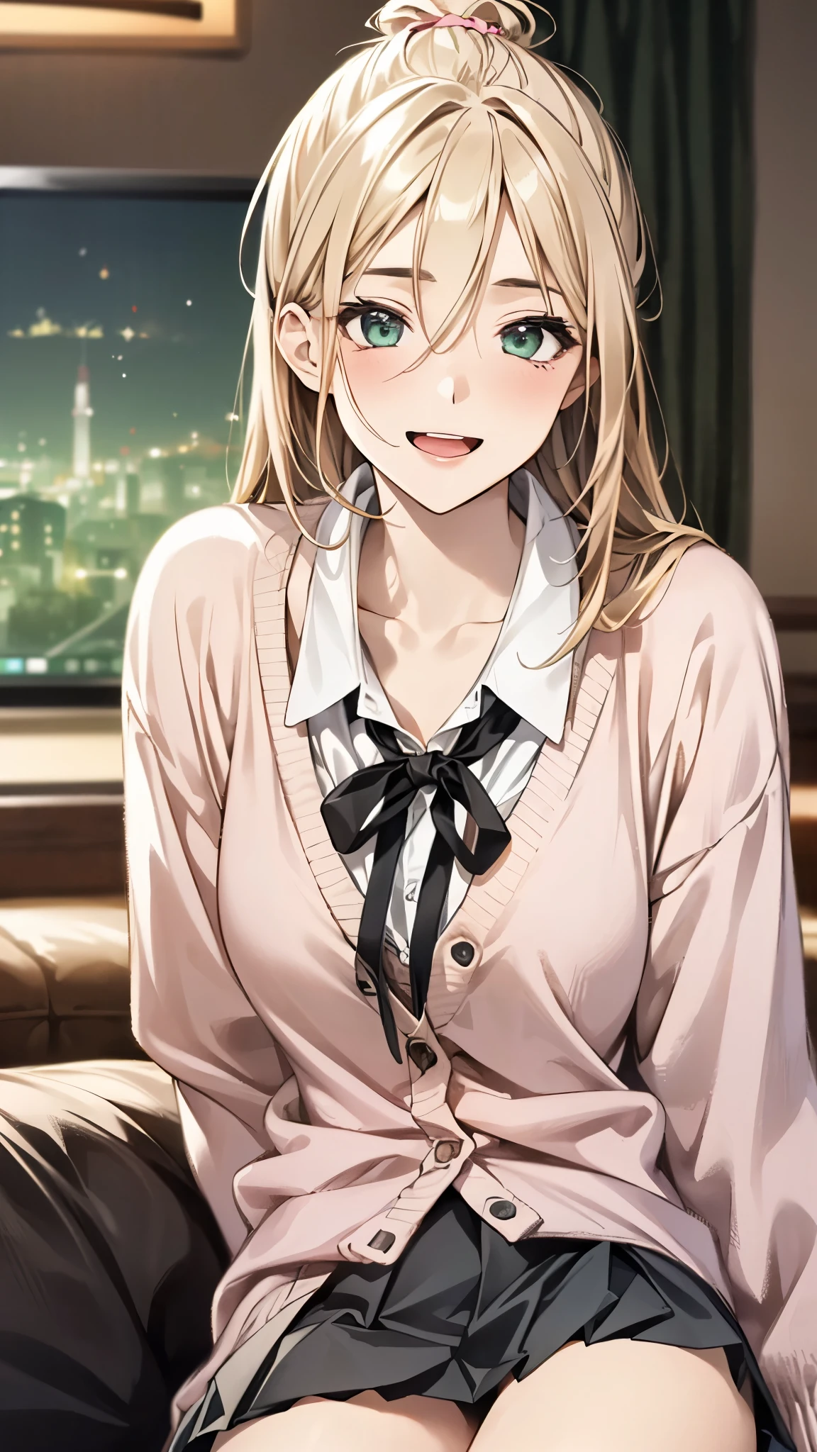 (masterpiece:1.2, top-quality, ultra high res, ultra detailed), (realistic, photorealistic:1.4), beautiful illustration, (natural side lighting, movie lighting), 
looking at viewer, (face focus, upper body), 1 girl, japanese, high school dirl, perfect face, (perfect anatomy), cute and symmetrical face, , shiny skin, slender
(middle hair:1.5, topknot, loose hair, blonde hair), hair between eyes, dark green eyes, drooping eyes, big eyes, long eye lasher, (medium breasts), 
beautiful hair, beautiful face, beautiful detailed eyes, beautiful clavicle, beautiful body, beautiful chest, beautiful thigh, beautiful legs, 
((detailed cloth texture, long sleeve light pink cardigan, white collared shirt, grey pleated mini skirt, dark pink neck ribbon), ), , 
(beautiful scenery), evening, (karaoke room), sitting sofa, (laugh, open mouth), 