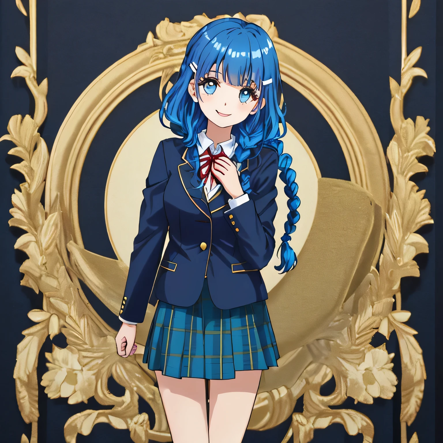 highest quality, (masterpiece:1.2), very detailed, Standing figure of a girl looking and smiling, Glossy lips that make you want to kiss, nice smile, blue big eyes, (((blue hair))), , long braids, big shiny hair clip, school uniform, Dark blue and navy plaid skirt, white shirt, Luxurious navy blazer with a golden patch on the left chest, big school ribbon tie, very shiny hair、laughter、bright look、Your face and hair shine in the light, The corners of the eyes are drooping, Cute braids, I&#39;m so happy I can jump up, The expression of a maiden in love, (((Twin braided hair))), The long skirt fabric has a beautiful deep blue checkered pattern.., A gentle and cute expression staring at the viewer, double eyelid, ((long eyelashey lower eyelashes are also long)), ((Knees are hidden by skirt)), pure white background