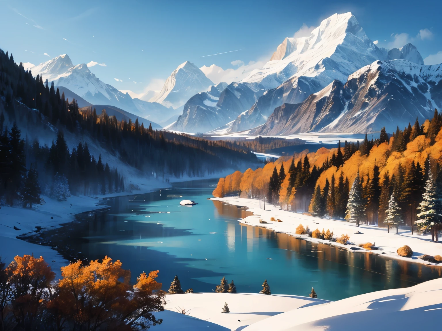 Hills landscape beautiful hyper realistic luminism, snowy mountains big huge river flowing below hyper detailed calm relaxed atmosphere natural beauty greenery few trees in foreground clouds 
