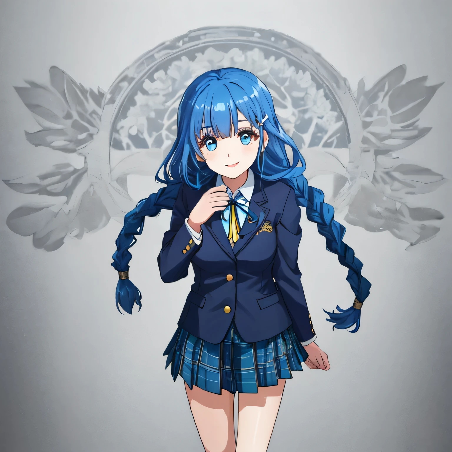 highest quality, (masterpiece:1.2), very detailed, Standing figure of a girl looking and smiling, Glossy lips that make you want to kiss, nice smile, blue big eyes, (((blue hair))), 15 years old, long braids, big shiny hair clip, school uniform, Dark blue and navy plaid skirt, white shirt, Luxurious navy blazer with a golden patch on the left chest, big school ribbon tie, very shiny hair、laughter、bright look、Your face and hair shine in the light, The corners of the eyes are drooping, Cute braids, I&#39;m so happy I can jump up, The expression of a maiden in love, (((Twin braided hair))), The long skirt fabric has a beautiful deep blue checkered pattern.., A gentle and cute expression staring at the viewer, double eyelid, ((long eyelashey lower eyelashes are also long)), ((Knees are hidden by skirt)), pure white background