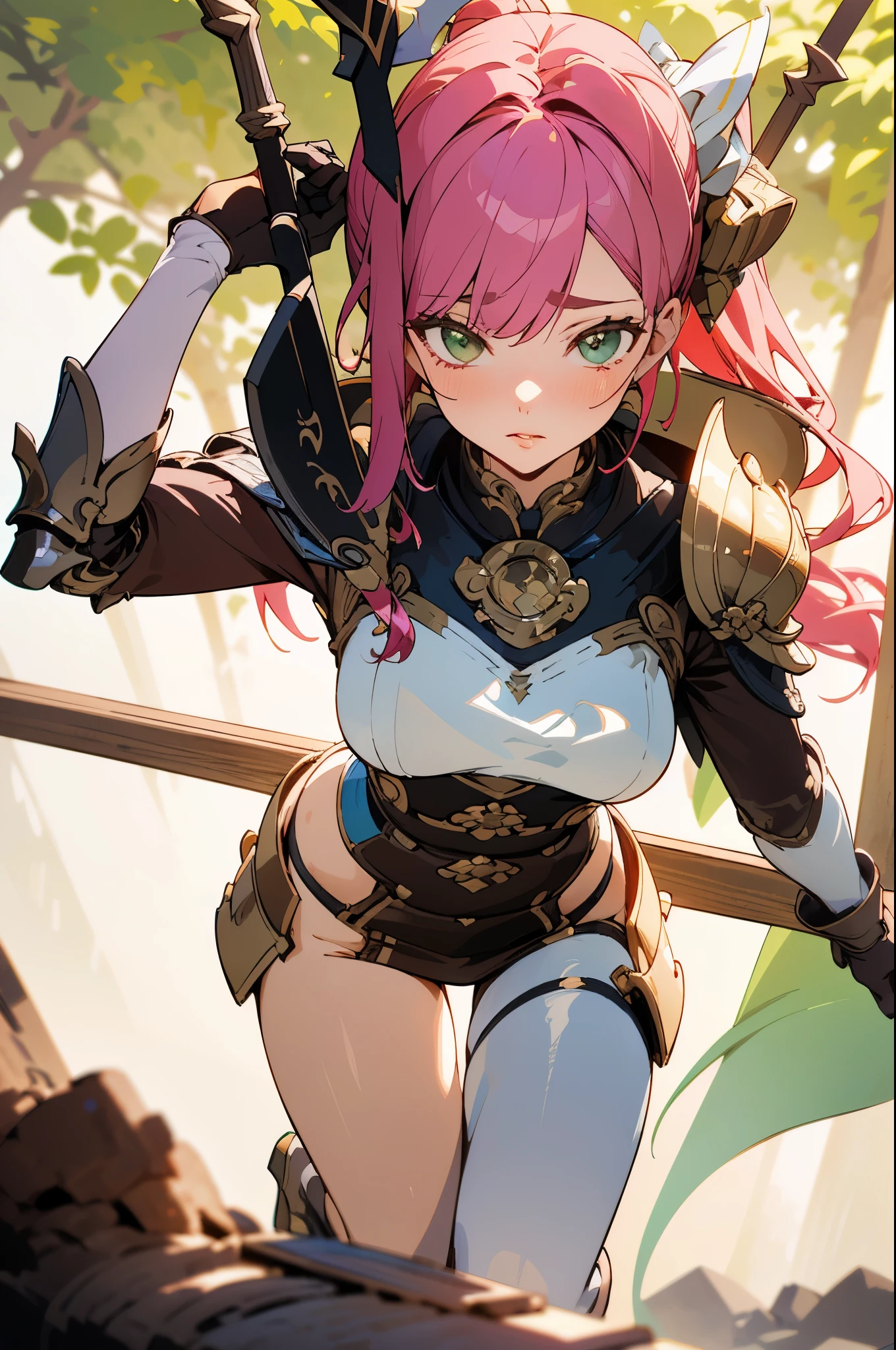 cute, pink hair, female, wide hips, large breast, bikini armor, blushing, eyes closed, animal ears, butt, looking back, neutral expression