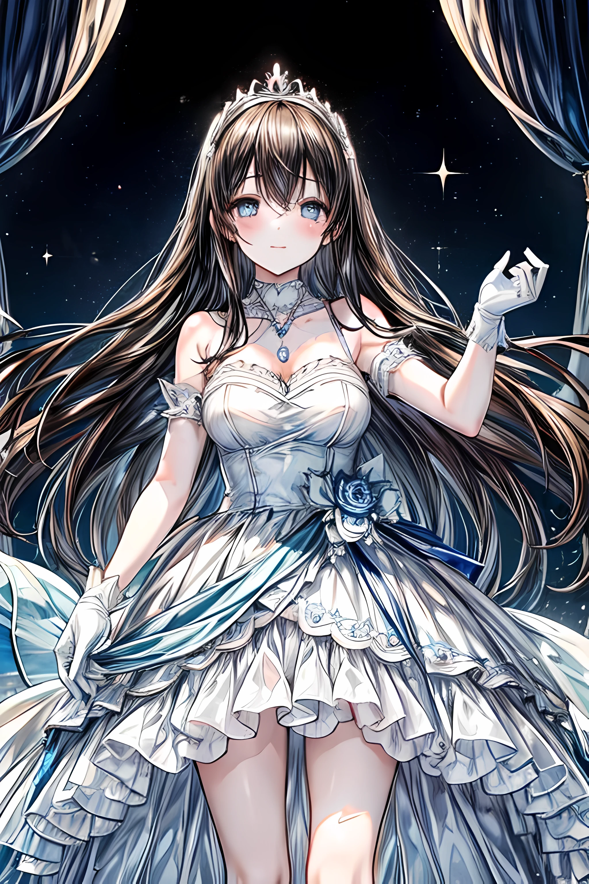 sagisawa fumika, 1girl, solo, watch, pendant watch, blue eyes, breasts, gloves, tiara, dress, long hair, looking at viewer, white gloves, bare shoulders, blush, white dress, black hair, brown hair, hair between eyes, collarbone, smile, bangs, on stage,