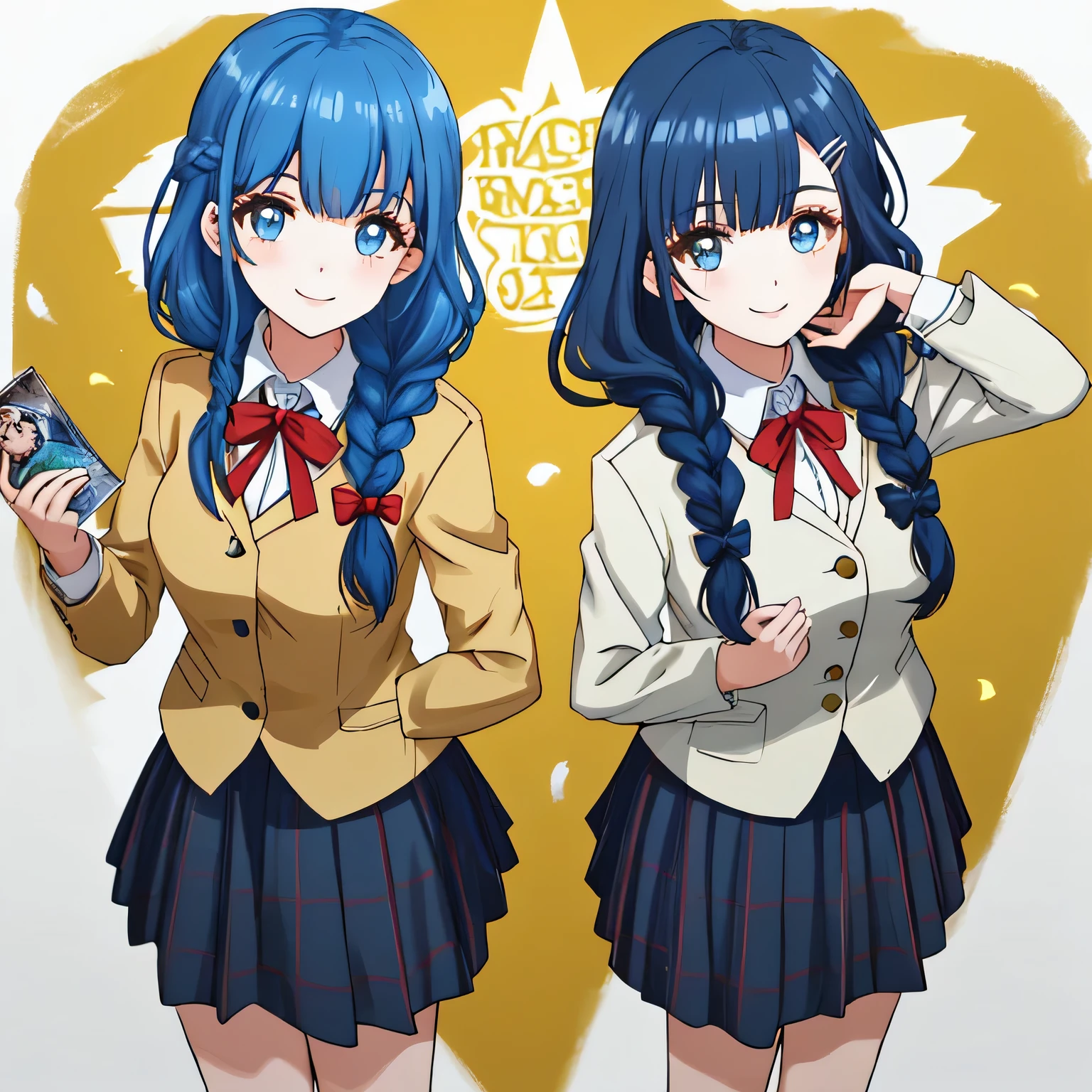 highest quality, (masterpiece:1.2), very detailed, Standing figure of a girl looking and smiling, Glossy lips that make you want to kiss, nice smile, blue big eyes, (((blue hair))), , long braids, big shiny hair clip, school uniform, Dark blue and navy plaid skirt, white shirt, Luxurious navy blazer with a golden patch on the left chest, big school ribbon tie, very shiny hair、laughter、bright look、Your face and hair shine in the light, The corners of the eyes are drooping, Cute braids, I'm so happy I can jump up, The expression of a maiden in love, (((Twin braided hair))), The long skirt fabric has a beautiful deep blue checkered pattern.., A gentle and cute expression staring at the viewer, double eyelid, ((long eyelashey lower eyelashes are also long)), ((Knees are hidden by skirt)), pure white background