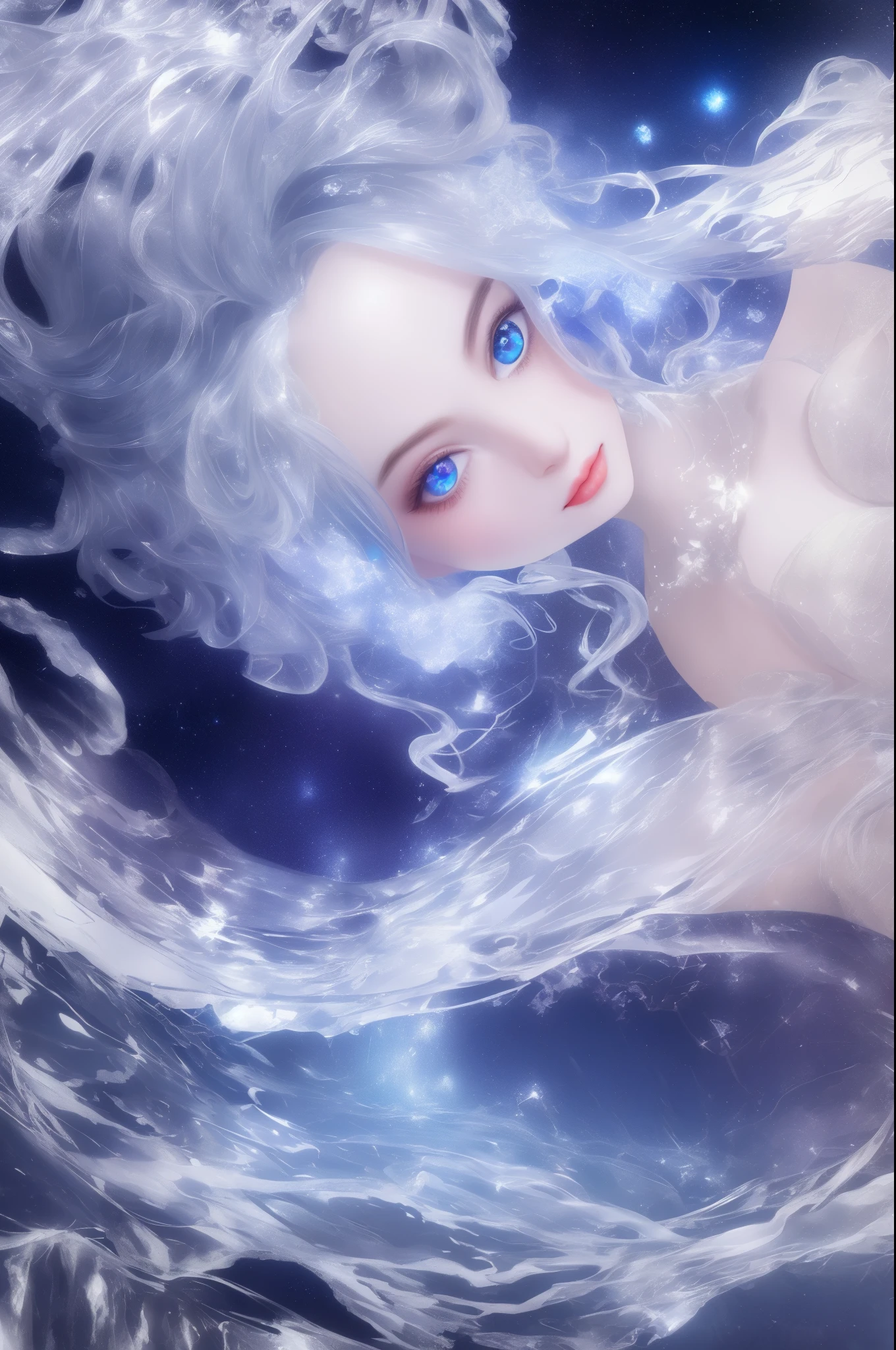 painting of a beautiful young woman., mysterious waves at night. 3d. White，. The melting beauty of the universe. Surrealism in Nebula Reflections. Glass texture，translucent，crystal