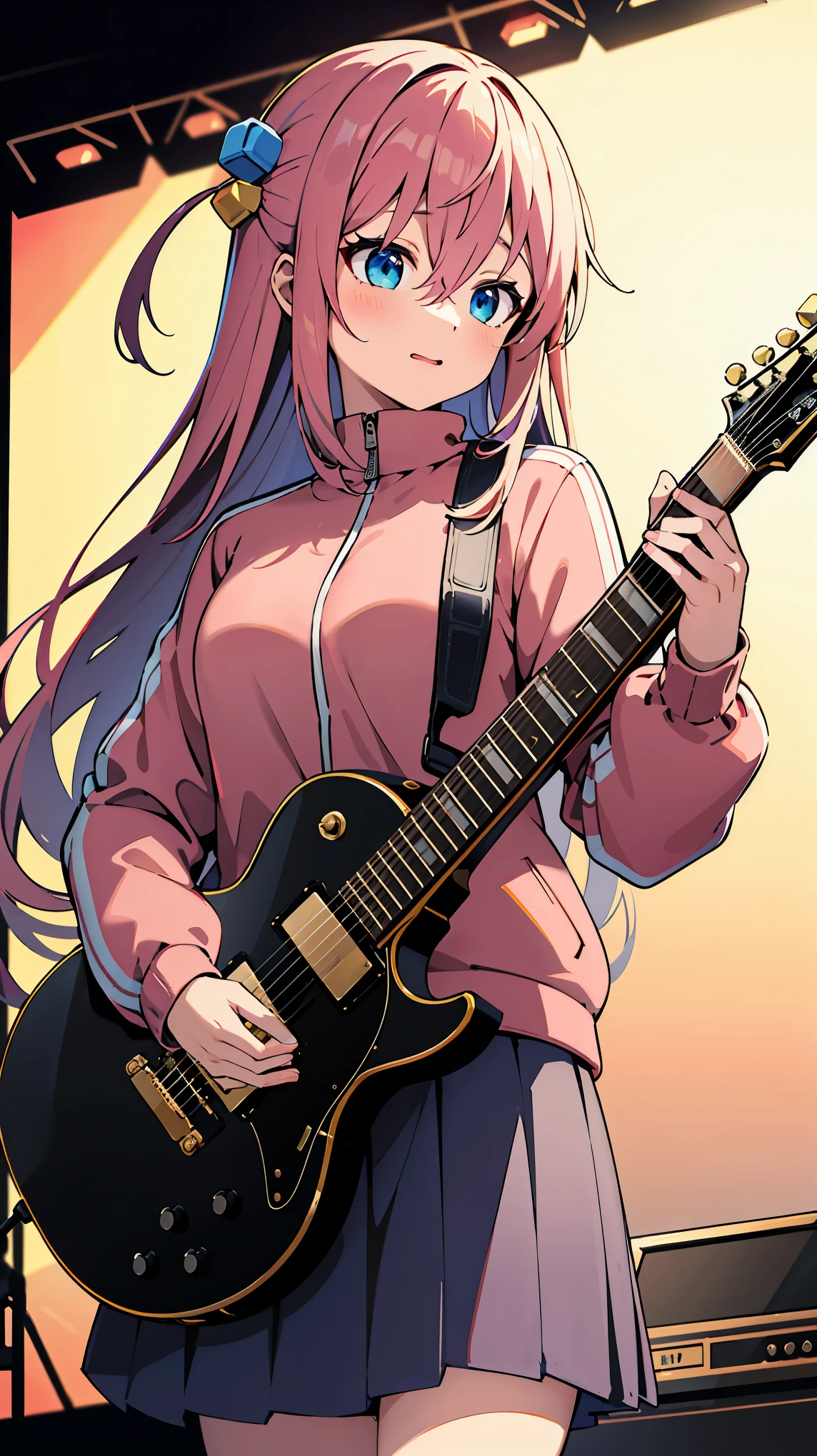 masterpiece, best quality, highres, gotou1, gotou hitori, solo, skirt, pink jacket, track jacket, bangs, hair between eyes, long sleeves, stage, holding instrument, guitar,