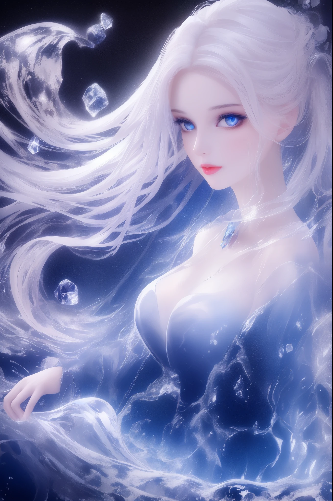 painting of a beautiful young woman., mysterious waves at night. 3d. White，. The melting beauty of the universe. Surrealism in Nebula Reflections. Glass texture，translucent，crystal