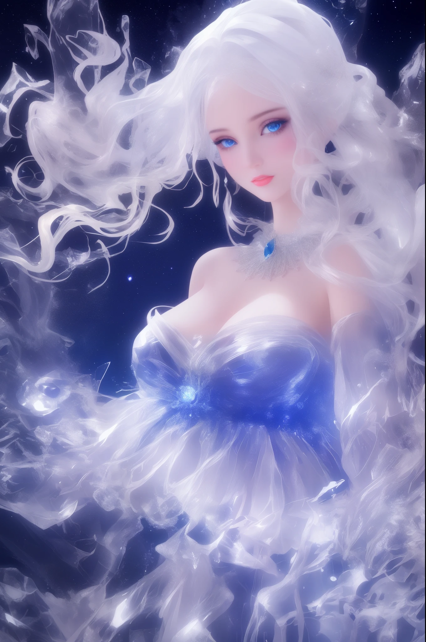 painting of a beautiful young woman., mysterious waves at night. 3d. White,. The melting beauty of the universe. Surrealism in Nebula Reflections. Glass texture,translucent,crystal