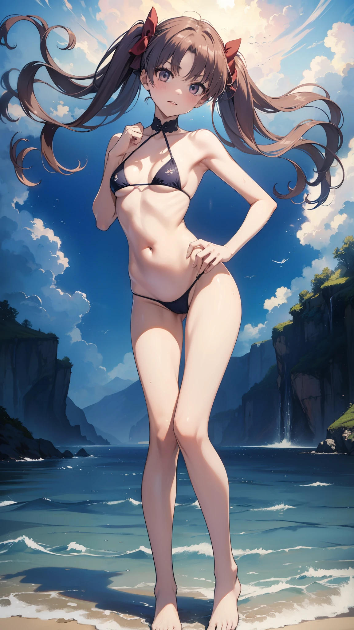 (highest quality, 8k, masterpiece, best image quality,  ultra hd, delicate and smooth skin, real looking skin, perfect and beautiful face ,perfect and cute face, high detail skin, perfect limbs、thin waist、thin legs)、evil smile、twin tails、in the sea、micro bikini、open stance、put your hands on your hips、