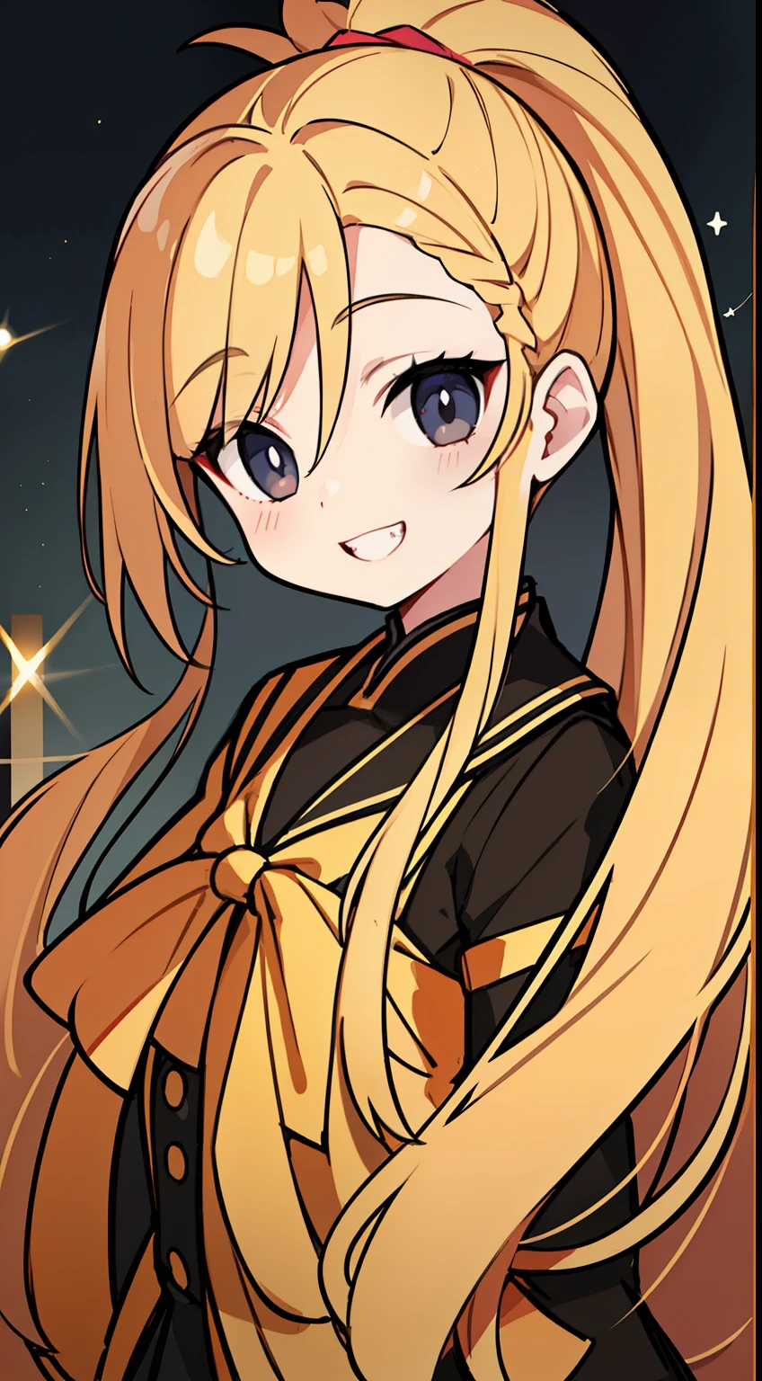 (highest quality、masterpiece:1.2) ((1 girl)) golden hair、black eyes、ponytail、elegant (school uniform) (flat chest) beautiful eyes、beautiful hair、beautiful and well-shaped face、beautiful mouth (smile) sharp teeth
