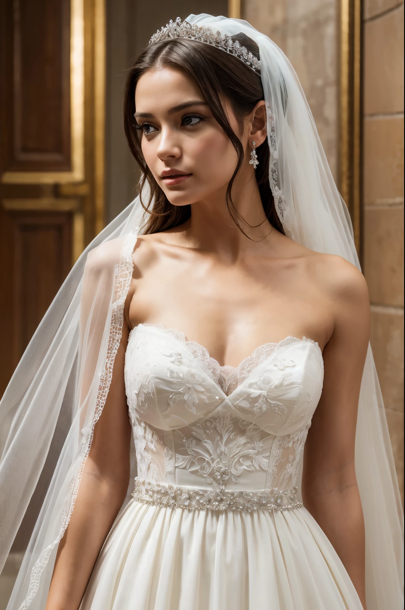 masterpiece, best quality, extremely detailed, hyperrealistic, photorealistic, a beautiful woman, white wedding dress, melancholic:1.1, anxious:1.1, worried, ultra detailed face