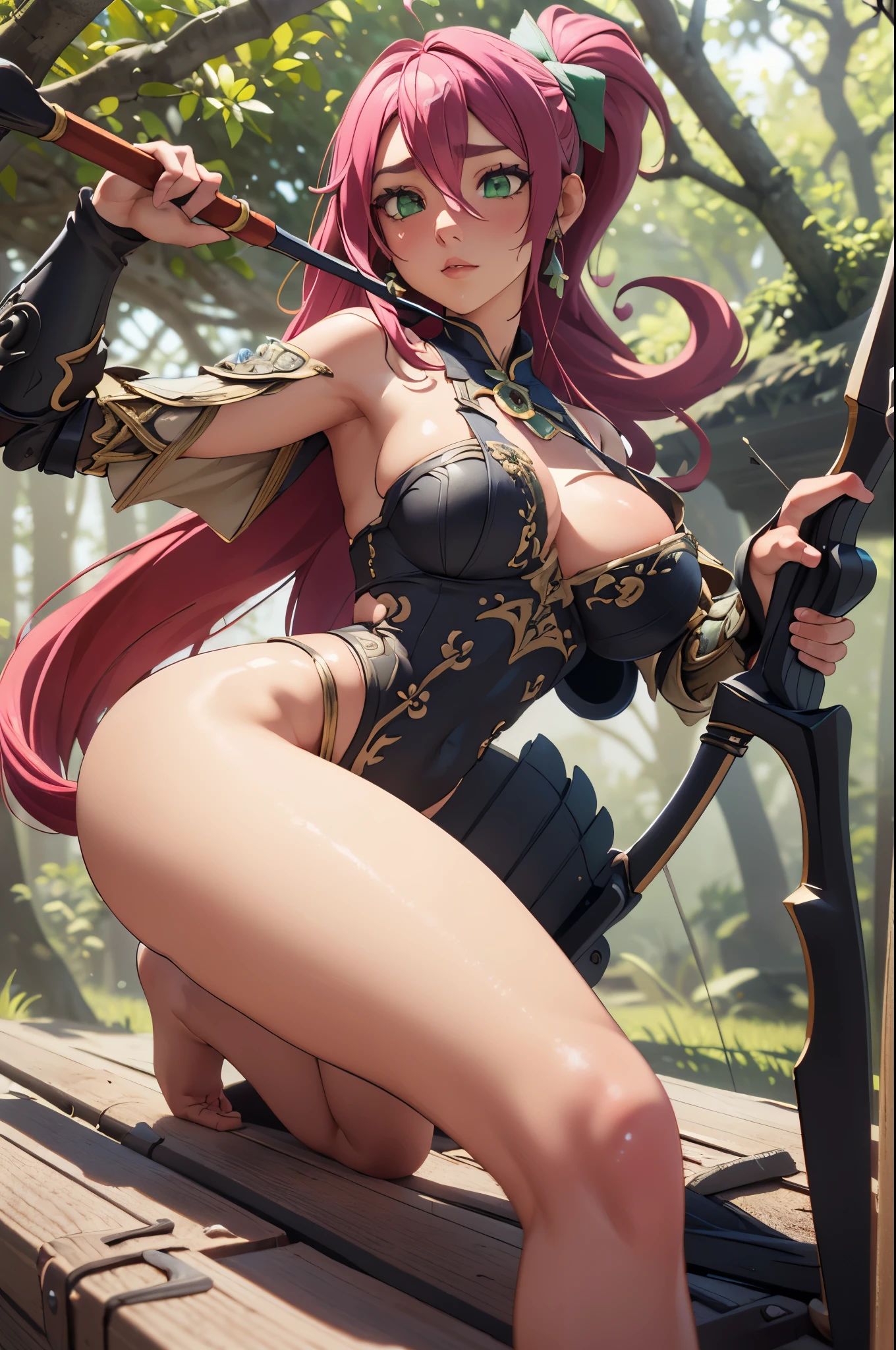 ((Mejor calidad)), ((Obra maestra)), (detallado), cara perfecta,((Mejor calidad)), ((Obra maestra)), (detallado), cara perfecta,a provocative archer girl whit pink and vizosgreen hair in a Monster Hunter-inspired pose, with detailed eyes and lips, wearing vibrant and intricate armor and holding a bow and arrow. The artwork is created using a mix of illustration and 3D rendering techniques, resulting in a visually stunning mixed media piece. The scene is set in a dense forest, with lush foliage and beams of sunlight filtering through the trees. The girl's confident and determined expression captivates the viewer, while her dynamic pose showcases her skill and agility as an archer. The colors in the artwork are bold and vivid, with a slightly desaturated and muted overall tone to create a realistic and gritty atmosphere. The lighting is dramatic, casting deep shadows and emphasizing the girl's strong features. The image is of the highest quality, with ultra-fine details to bring every aspect of the artwork to life.