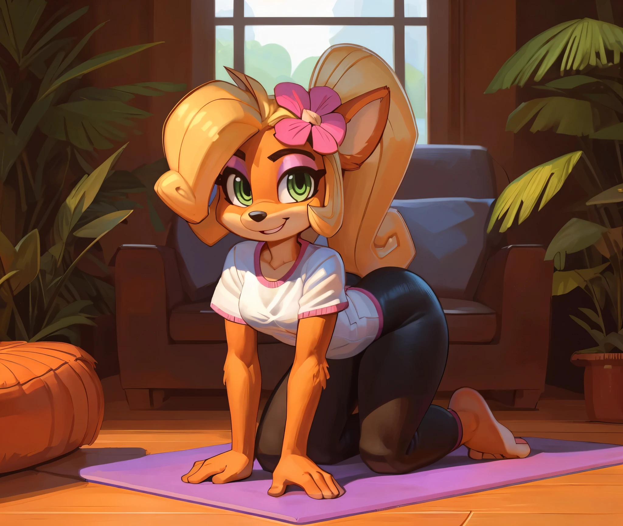 [Coco bandicoot], [Uploaded to e621.net; (wamudraws), (Pixelsketcher)], ((masterpiece)), ((HD)), ((high res)), ((solo portrait)), ((full body)), ((front view)), ((feet visible)), ((furry; anthro)), ((detailed fur)), ((detailed shading)), ((beautiful render art)), ((intricate details)), {anthro; orange fur, black nose, (cute green eyes), (short eyelashes), (pink eyeshadow), blonde curly hair, curly ponytail, (curvy hips), (beautiful legs), (beautiful feet), (humanoid feet), (sexy toes), (cute smirk), (excited expression)}, {(white tee shirt), (tight pink yoga pants), (pink flower in hair)}, {(kneeling), (all fours), (looking at viewer)}, [background; (tropical forest), (living room), (window), (blue sky), (sun rays), (ambient lighting)]