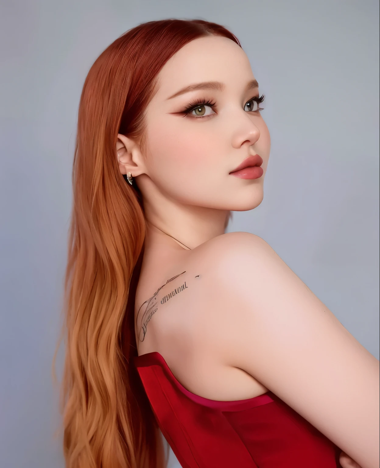 a close up of a woman with long red hair wearing a red dress, , headshot profile picture, amouranth, dove cameron, portrait of dove cameron, weavy hair 