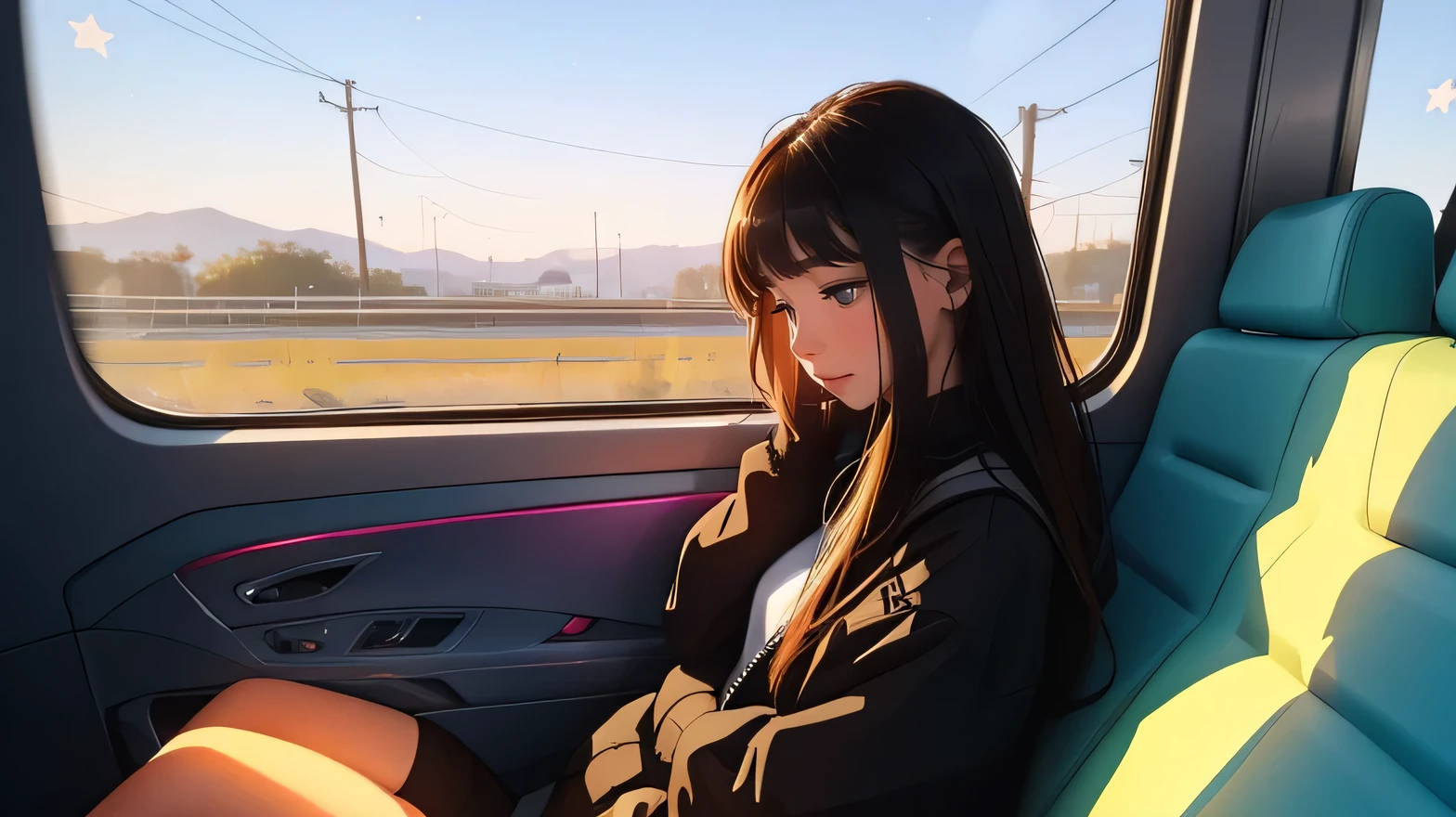 spring, train, Sit by the window, take a pensive posture, look at the stars, My head got stuck in the glass, Scenery passing by at high speed, night trip, beautiful starry sky, Beautiful girl, UHD Portraits, (high quality) (ultra detail) Looking at viewers wearing hip-hop style streetwear; different, fancy, colored long hair 🌈