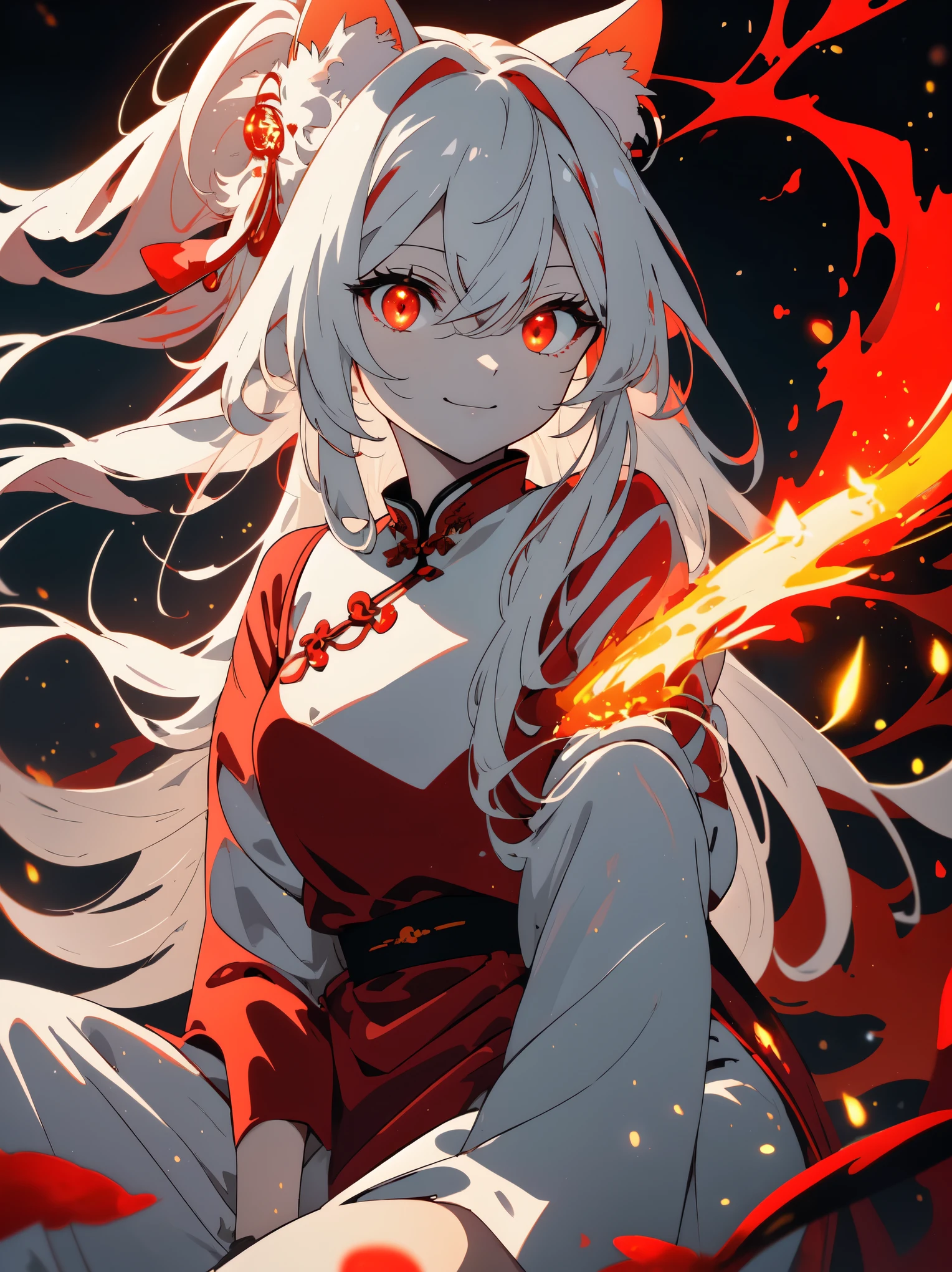 ((highest quality、masterpiece、glowing red eyes、detailed))、beautiful face、white cat ears、long white hair、red cheongsam、Anime style sitting and smiling 、night、Surrounded by the light of many fireflies、beautiful anime、riverbank、nature background