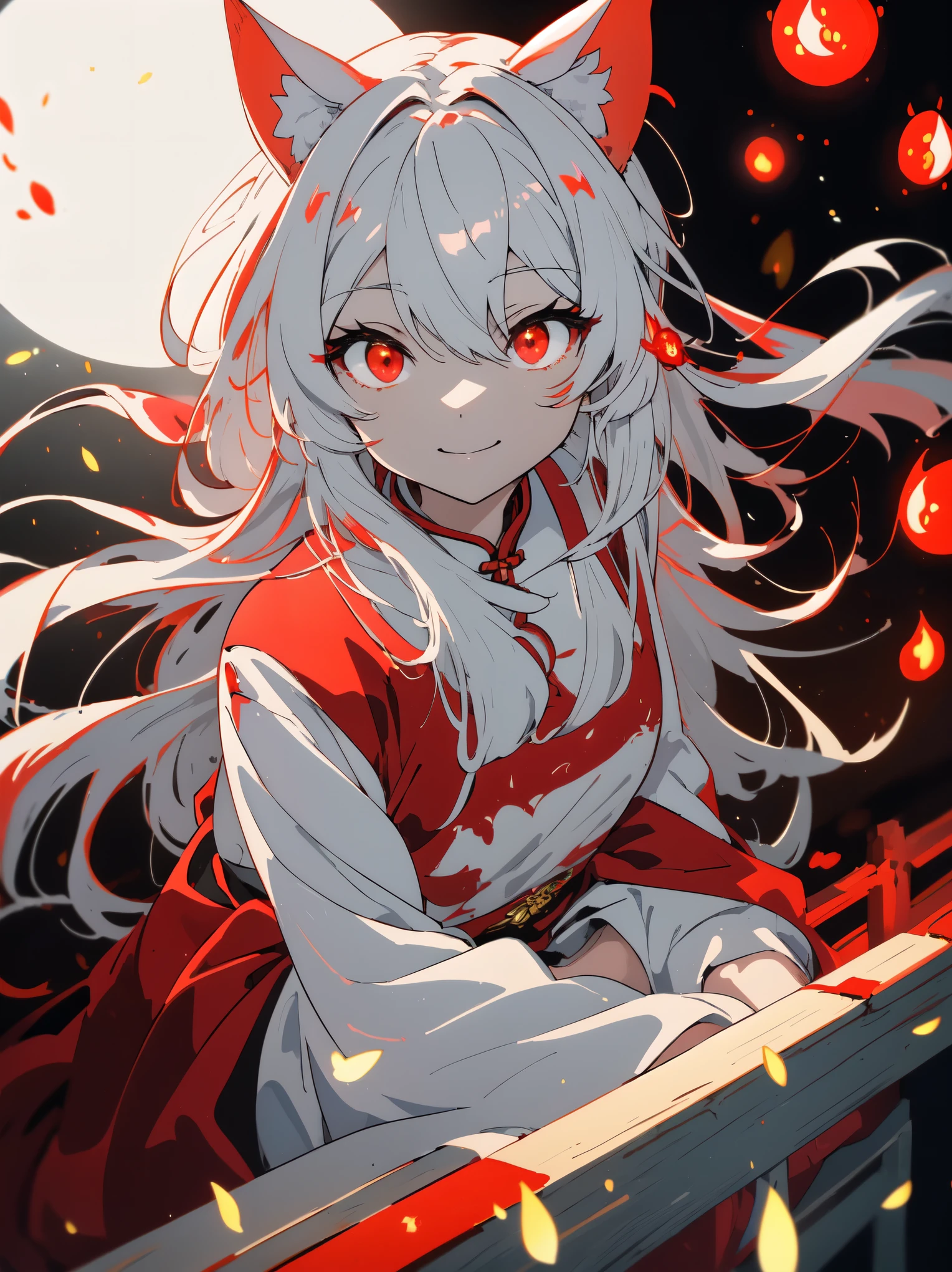 ((highest quality、masterpiece、glowing red eyes、detailed))、beautiful face、white cat ears、long white hair、red cheongsam、Anime style sitting and smiling 、night、Surrounded by the light of many fireflies、beautiful anime、riverbank、nature background