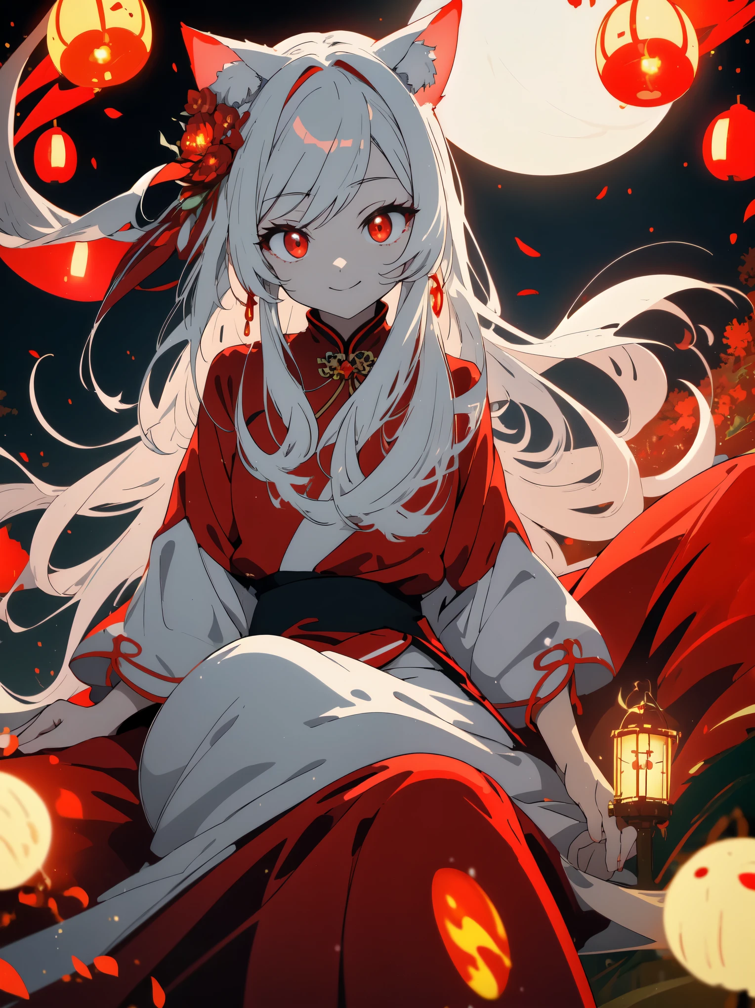 ((highest quality、masterpiece、glowing red eyes、detailed))、beautiful face、white cat ears、long white hair、red cheongsam、Anime style sitting and smiling 、night、Surrounded by the light of many fireflies、beautiful anime、riverbank、nature background