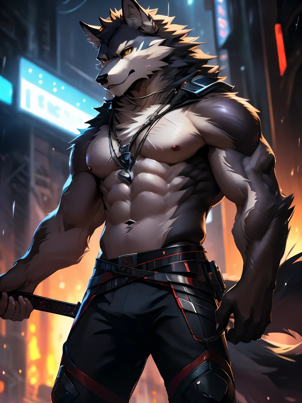 posted on e621, (by Chunie, by YifengLz), male, solo, Yellow eyes, (Realistic eye details 1.2), anime character with a sword and a wolf in the rain, Slim body werewolf, Slim body, full body like, badass anime 8 k, trending on artstation pixiv, cyberpunk, an anthropomorphic wolf, an anthro wolf, by Shitao, 4k anime wallpaper, anthropomorphic wolf, anthropomorphic wolf male, Standing up, in a panoramic view, masterpiece, Abstract beauty, ultra detailed face, depth of field, motion blur, high details, high quality, award winning, HD, 16k, (best quality,4k,8k,highres,masterpiece:1.2),ultra-detailed,realistic:1.37,HDR,UHD,studio lighting,extreme detail description,professional,vivid colors,bokeh,lively atmosphere, natural lighting