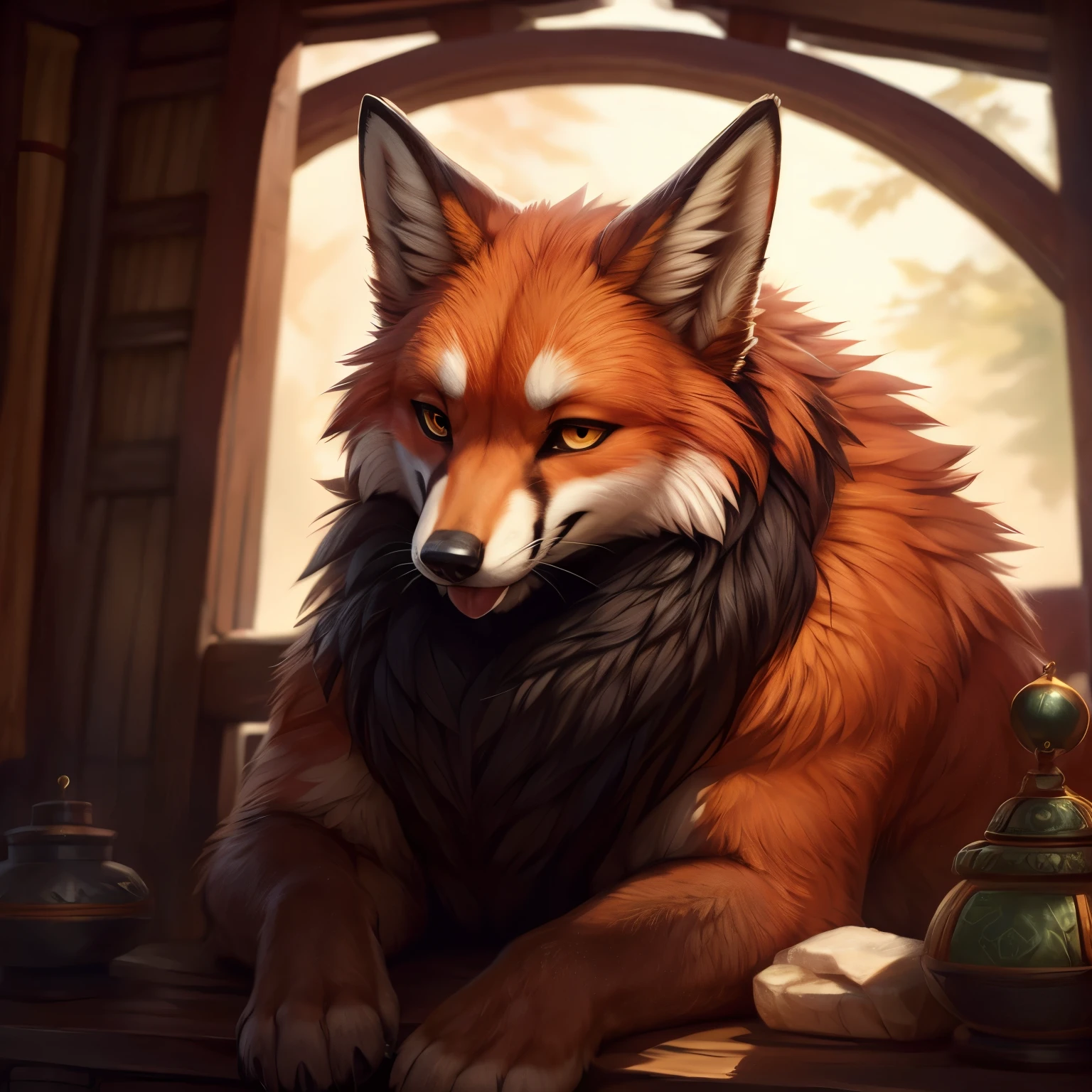 (by nomax:0.5, by bubblewolf:0.4, by caraid:0.2, by snowskau:0.2, by AlsaresNoLynx, by syuro), high resolution, high quality, detailed, ((feral)), (fox:1.2), blushing, amber eyes, tongue out, female, flat chest, BREAK. (lidded eyes:1.2), canine pussy, BREAK.
Inari shrine,