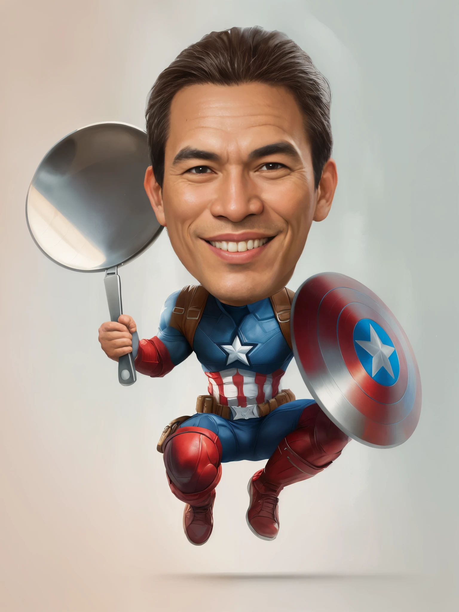 portrait of a man, wearing a captain america costume and holding a frying pan, superhero, caricature illustration, in cartoon style, caricature style, portrait, realistic cartoon, cartoon art, an Indonesian portrait, caricature, digital art cartoon, portrait, cartoon art style, family, cartoon style illustration, realistic portrait 