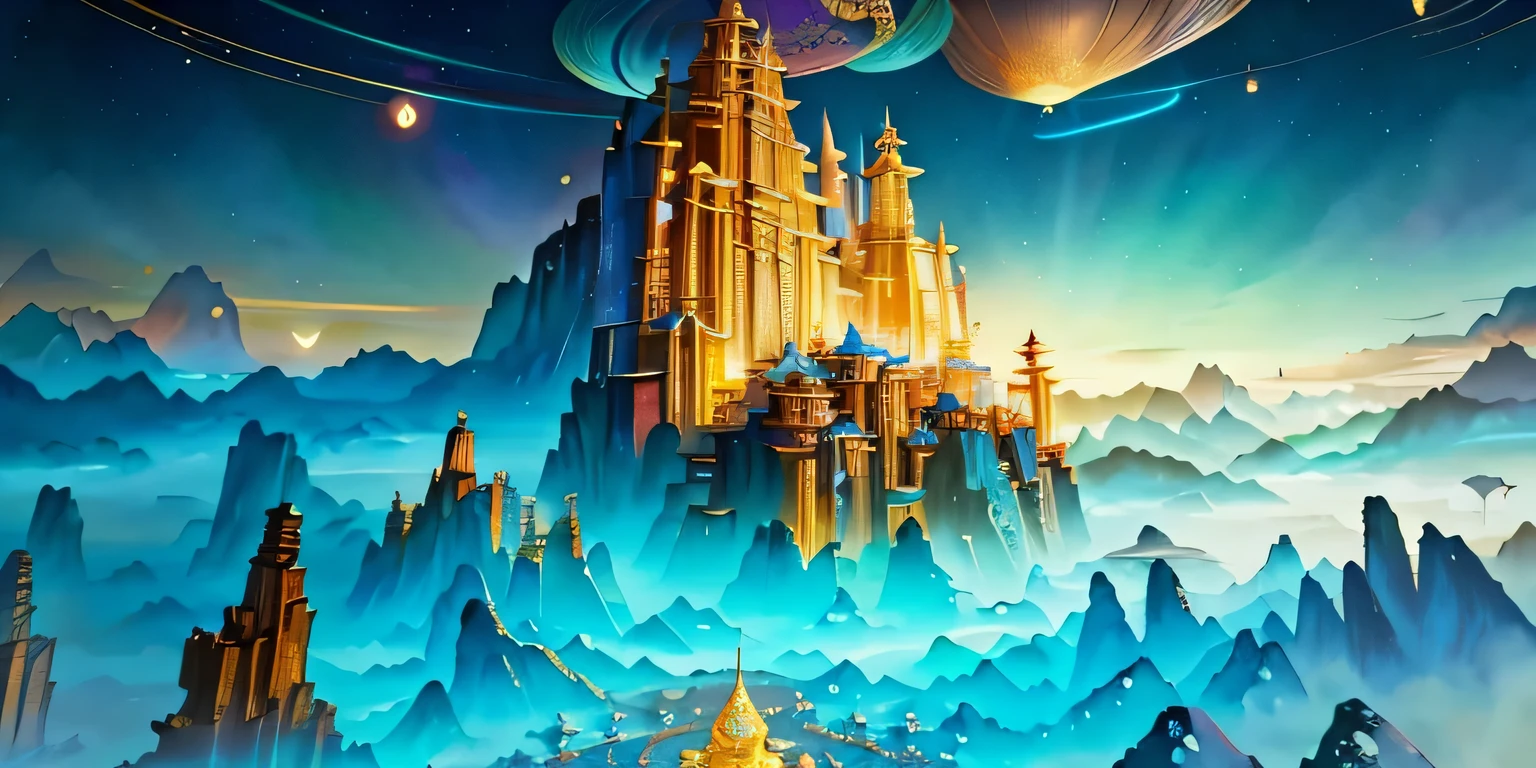 Asian landscape pictures,There are mountains and birds in the sky, Otherworldly fantasy scene style, Light cyan and gold, Intricate map world, hyperrealistic illustration, romanticized cityscape, Detailed character illustrations, Organic shapes and curves, --v6