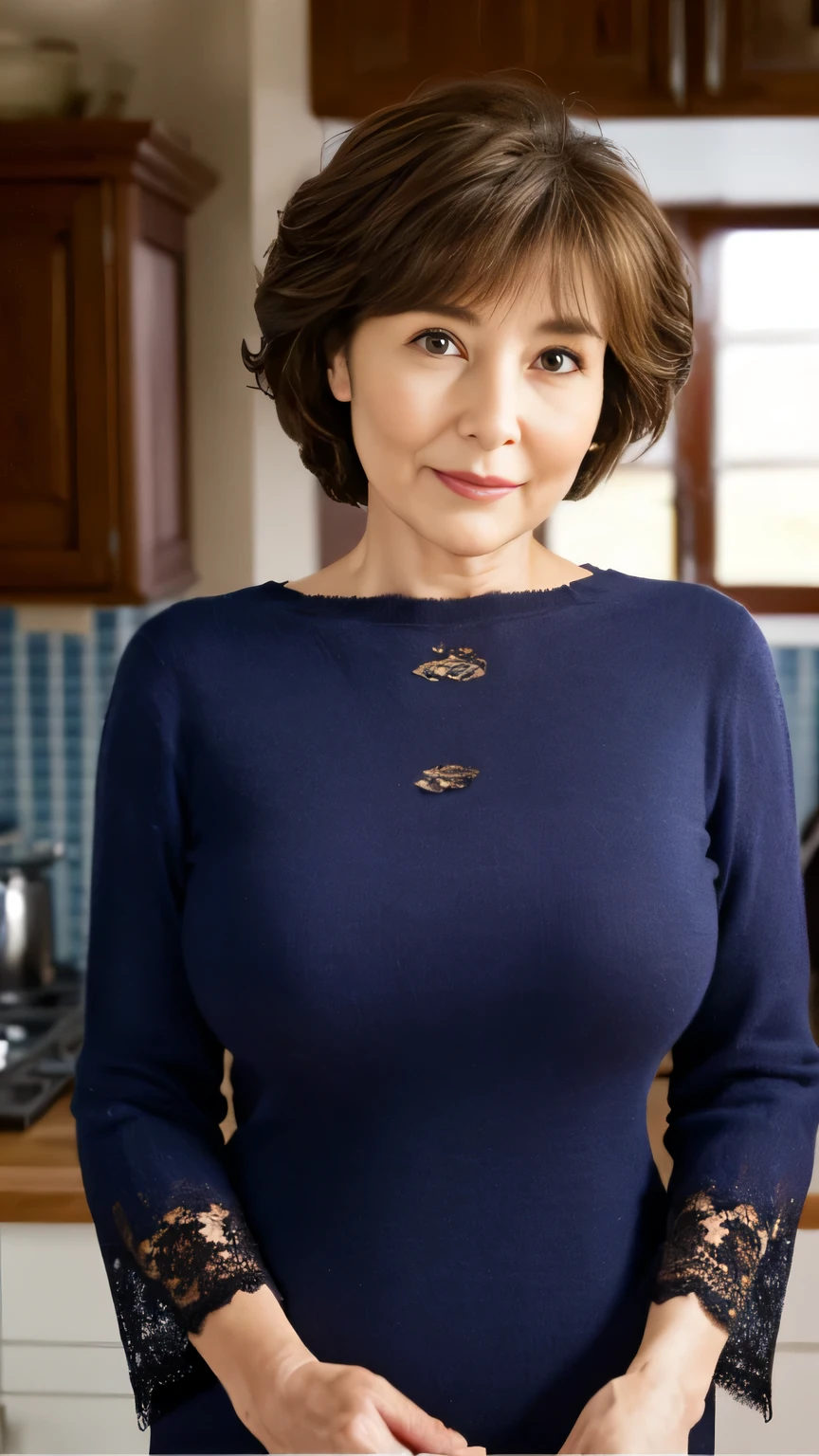 top-quality, ​masterpiece, high resolution, Photorealistic, professional lighting, highly detailed, depth of fields, ((A beautiful mature woman)), ((70yo)), Female sexy, ‎Kitchen,  V- shape Sweaters, Detailed face, beautiful eyes, bangs, large breasts of good shape, Light Brown Straight Hair, Faint lips, ((stand facing forward、stare at the viewer, Serious face)), cowboy  shot, sharp