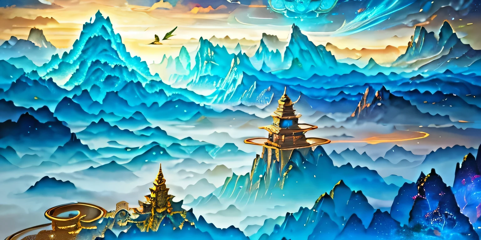 Asian landscape pictures，There are mountains and birds in the sky, Otherworldly fantasy scene style, Light cyan and gold, Intricate map world, hyperrealistic illustration, romanticized cityscape, Detailed character illustrations, Organic shapes and curves, --v6