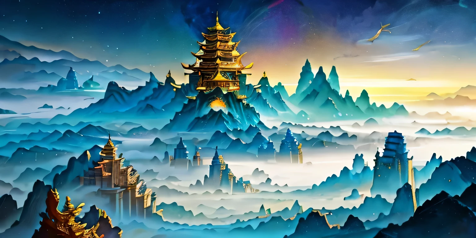 Asian landscape pictures，There are mountains and birds in the sky, Otherworldly fantasy scene style, Light cyan and gold, Intricate map world, hyperrealistic illustration, romanticized cityscape, Detailed character illustrations, Organic shapes and curves, --v6