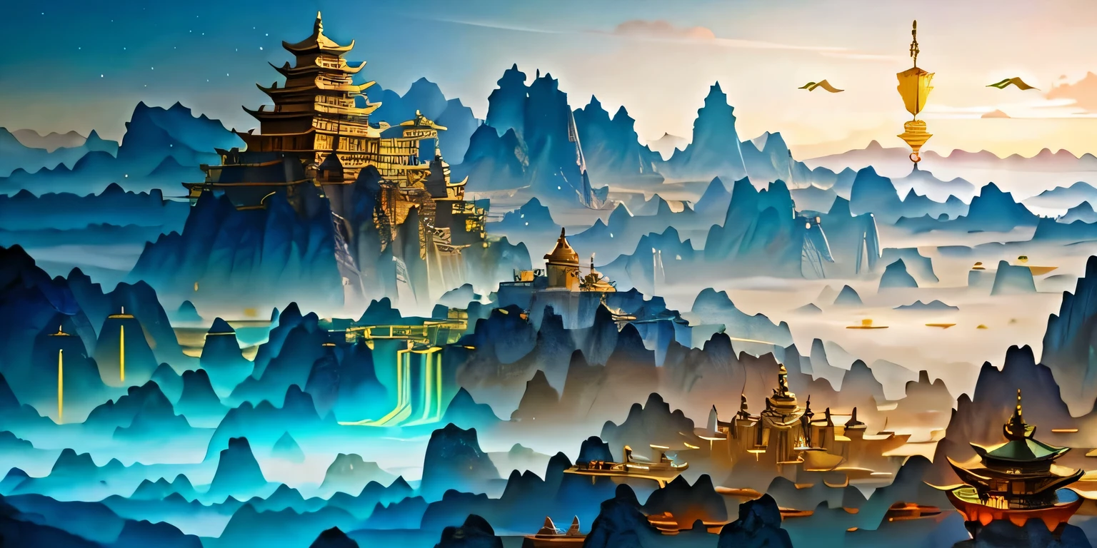 Asian landscape pictures,There are mountains and birds in the sky, Otherworldly fantasy scene style, Light cyan and gold, Intricate map world, hyperrealistic illustration, romanticized cityscape, Detailed character illustrations, Organic shapes and curves, --v6