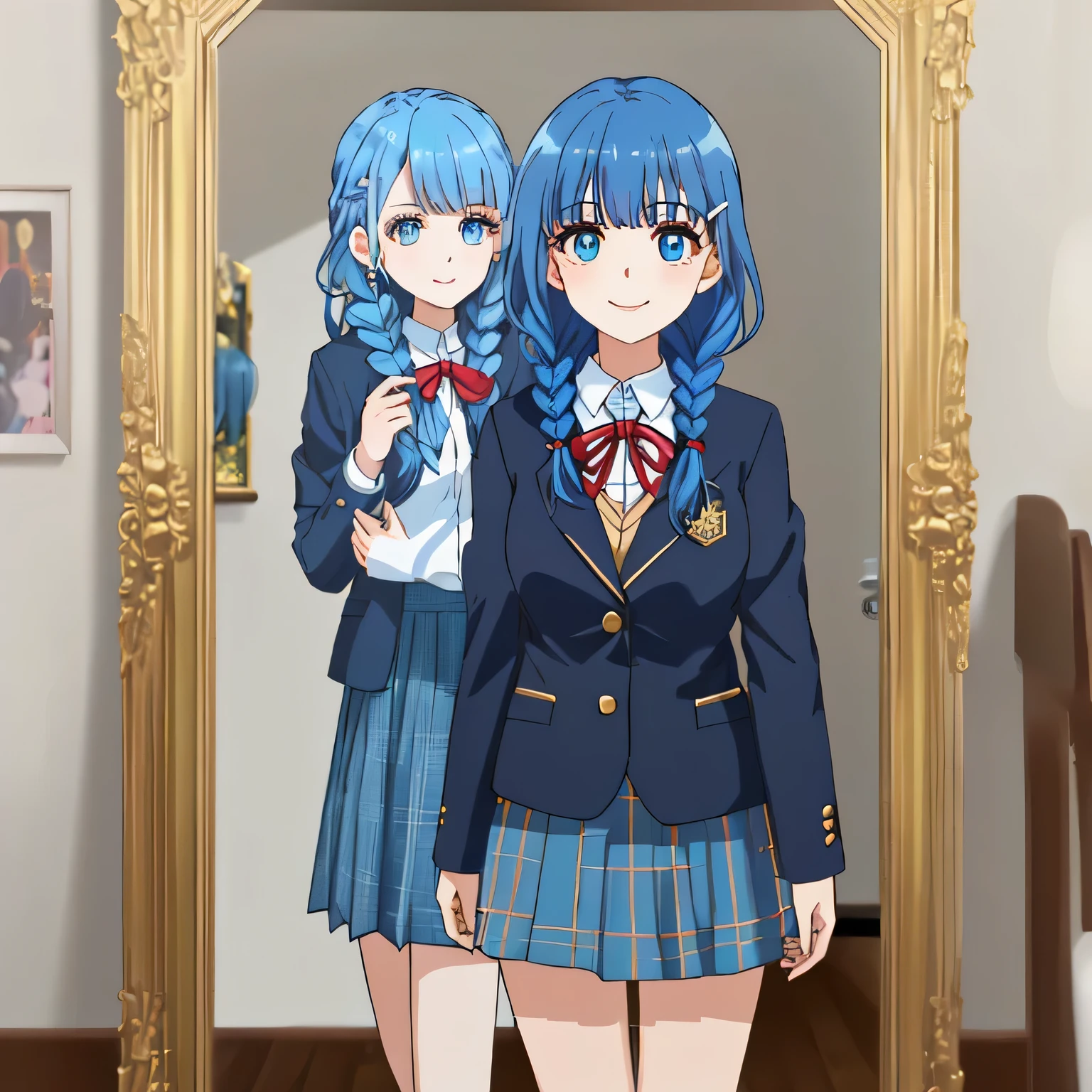 highest quality, (masterpiece:1.2), very detailed, Standing figure of a girl looking and smiling, Glossy lips that make you want to kiss, nice smile, (((very cute big blue eyes)), (((blue hair))), , long braids, big shiny hair clip, school uniform, Dark blue and navy plaid skirt, white shirt, Luxurious navy blazer with a golden patch on the left chest, big school ribbon tie, very shiny hair、laughter、bright look、Your face and hair shine in the light, The corners of the eyes are drooping, Cute braids, I'm so happy I can jump up, The expression of a maiden in love, (((Twin braided hair))), The long skirt fabric has a beautiful deep blue checkered pattern.., A gentle and cute expression staring at the viewer, double eyelid, ((long eyelashey lower eyelashes are also long)), ((Knees are hidden by skirt)), a room surrounded by mirrors
