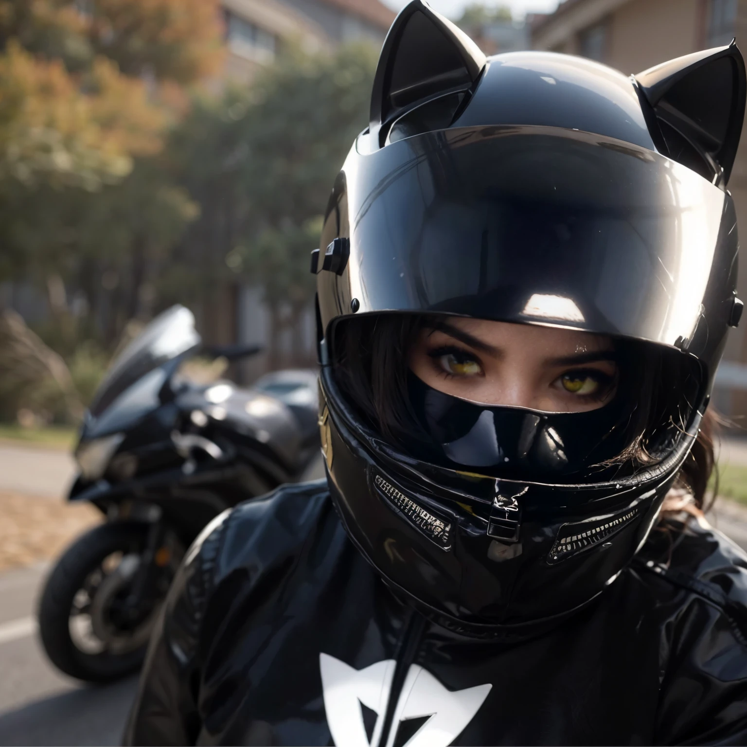 there is a woman with a helmet and a cat mask, attractive cat girl, cat girl, usando su casco, mujer gato, cat girl, beautiful young cat girl, very beautiful cute cat girl, woman with orejas de gato, casco de moto, casco en la cara, orejas de gato, girl with orejas de gato, foto de una mujer motociclista, kylie jenner como catwoman