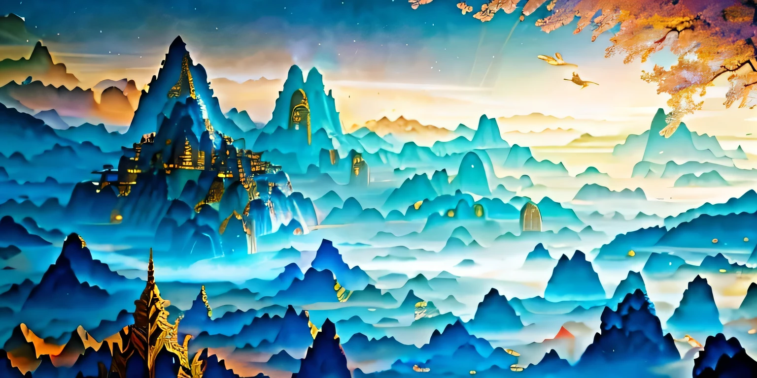 Asian landscape pictures,There are mountains and birds in the sky, Otherworldly fantasy scene style, Light cyan and gold, Intricate map world, hyperrealistic illustration, romanticized cityscape, Detailed character illustrations, Organic shapes and curves, 32K--v6