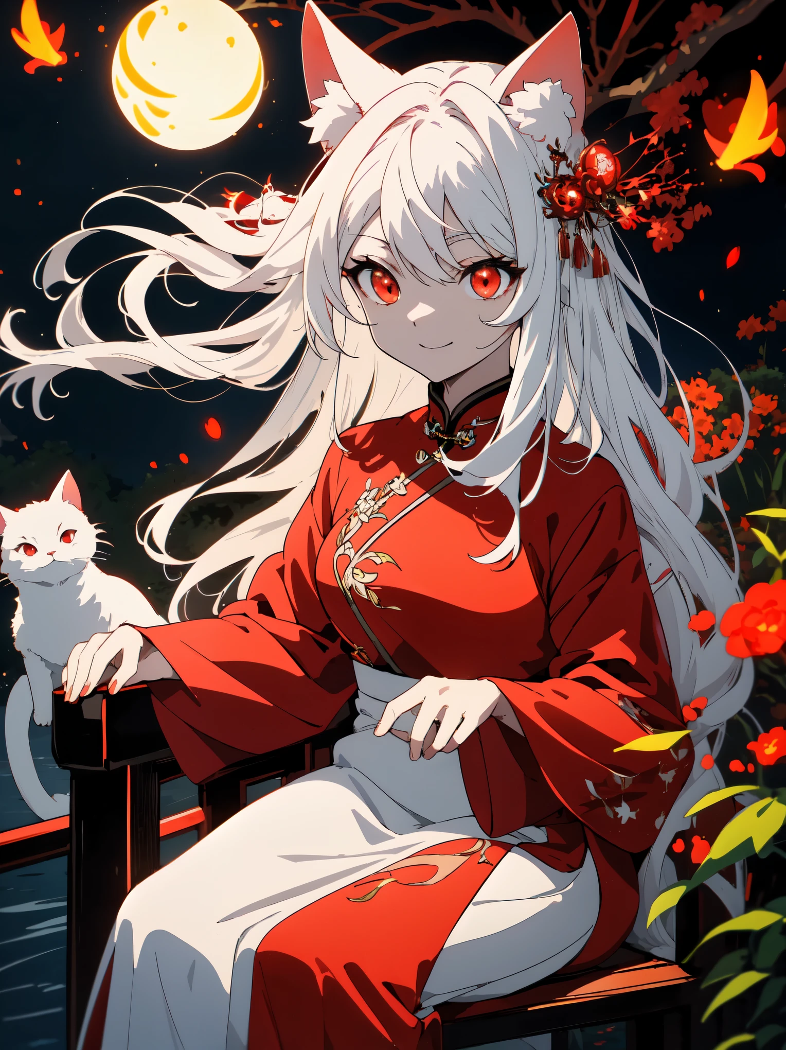 ((highest quality、masterpiece、glowing red eyes、detailed))、beautiful face、white cat ears、long white hair、red cheongsam、Anime style sitting and smiling  、night、Surrounded by the light of many fireflies、beautiful anime、riverbank、nature background