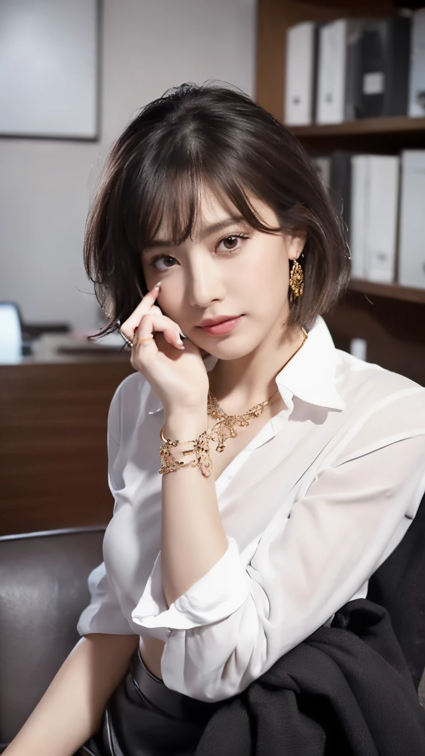 (8k、Raw photo、Raw photo:1.2)、(Photoreal:1.6)、(masterpiece:1.3)、(highest quality:1.4)、High resolution、nffsw、8k resolution、Check explanation、(intricate details:1.6)、(volumetric light)、

１people&#39;s women、(short hair)、(美しい and beautiful woman)、looking at the viewer、(woman in sexy pose)、((Stylish office))、 ((Office Lady))、((sitting on a stylish sofa))、((please cross your legs))、((white shirt))、((black mini skirt))、((neat and clean５This finger))、((both arms are behind the head))

(beautiful face:1.9)、(detailed face:1.6)、(brighter eyes:1.5)、(eyelash:1.4)、(laughter)、(hair details)、(well-shaped chest)、((small and beautiful pink areola))、(tight waist)、(realistic human skin:1.6)、((Upright posture))、((full body shot))、

(necklace)、(耳Nipple Ring)、(bracelet)
