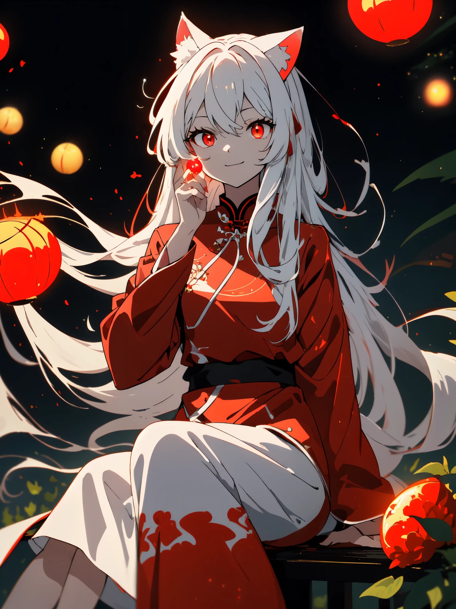 ((highest quality、masterpiece、glowing red eyes、detailed))、beautiful face、white cat ears、long white hair、red cheongsam、Anime style sitting and smiling  、night、Surrounded by the light of many fireflies、beautiful anime、riverbank、nature background