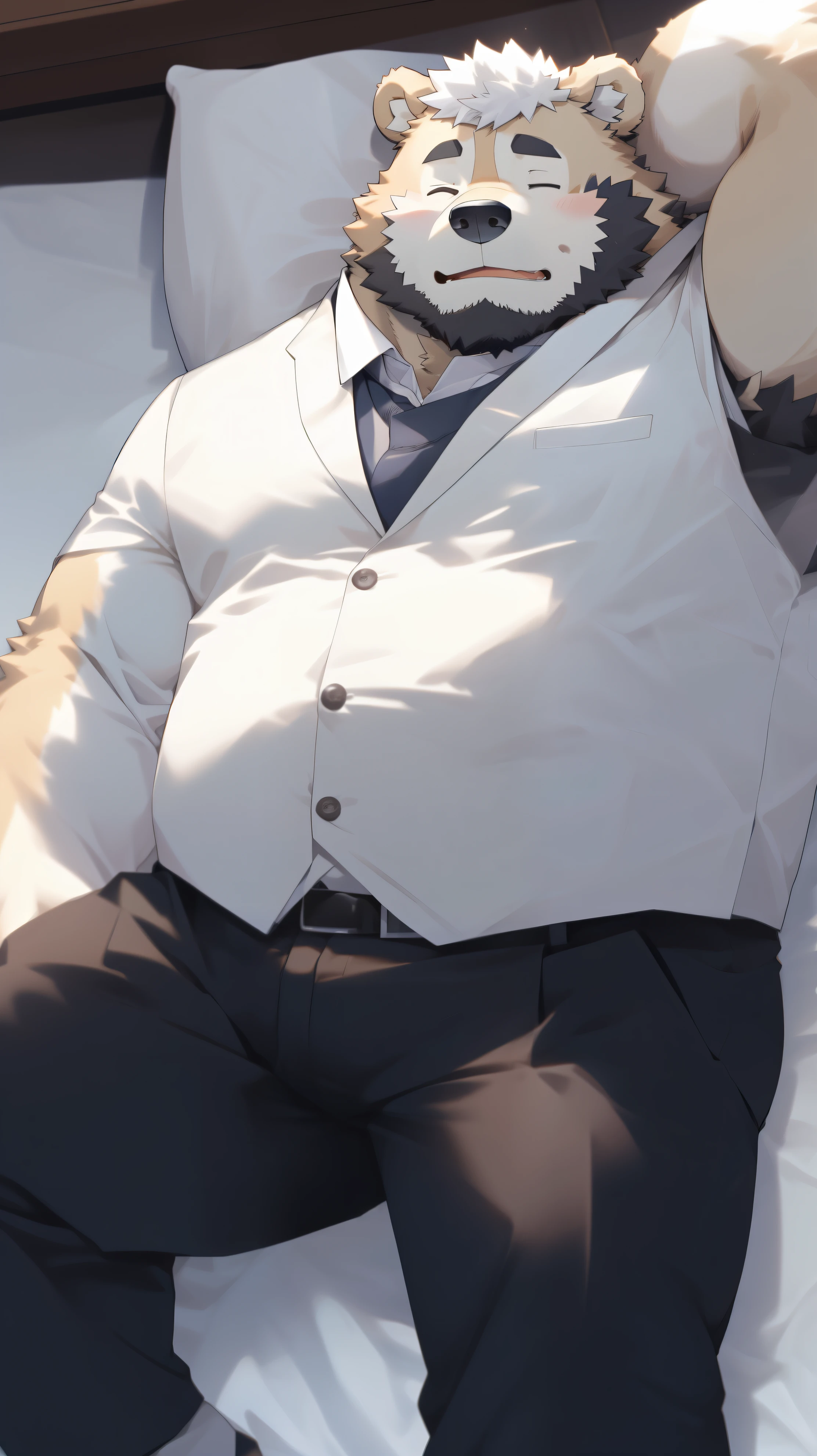 hairy,akita dog person,white fur,Light-colored fur,young,director,suit,Bear,Secondary sexual characteristics are obvious,fat,cute expression,One eye opens,Close one eye,,lying on white bed,lie flat,Completely flat,full-body shot,????? torso,????? body,极其lifelike阴影,masterpiece,Very detailed,lifelike