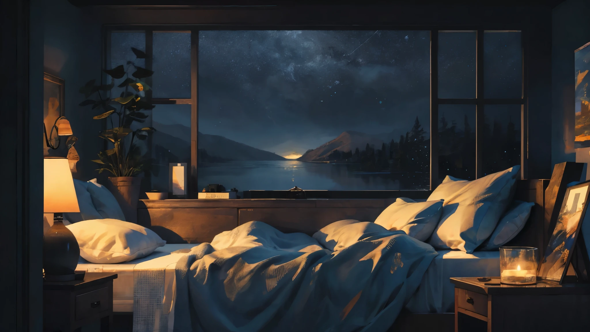 Masterpieces,official art, bedroom,a lot of pillows,night, depth of field, perfect lighting, light particles,(best quality),(masterpiece),(ultra detailed),sharp focus,light particles.