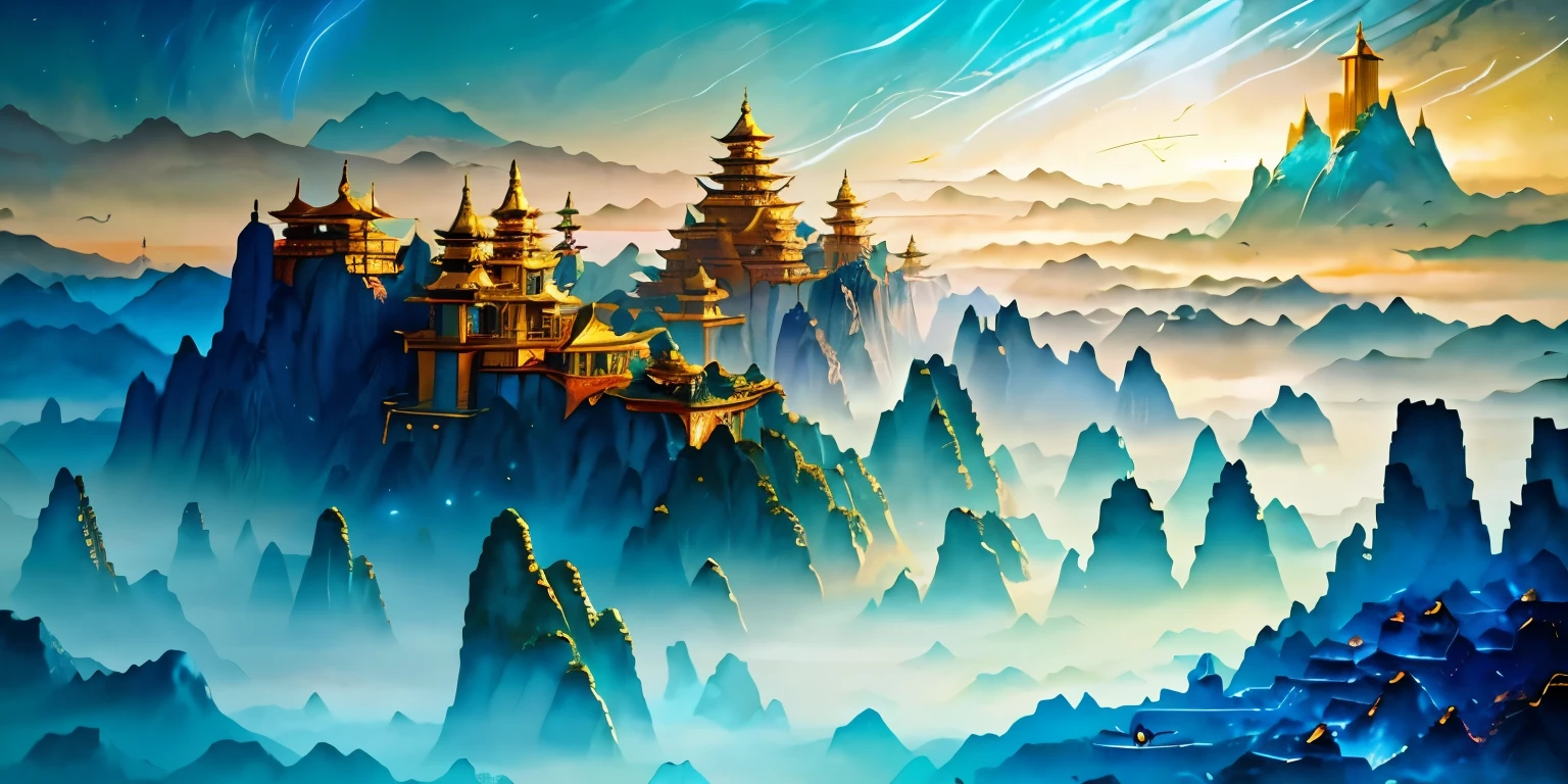 images of asian landscapes,There are mountains and birds in the sky, In the style of otherworldly fantasy scenes, Light cyan and gold, Intricate map world, Hyper-realistic illustration, romanticized cityscape, Detailed character illustrations, organic shapes and curves, 32K--v6