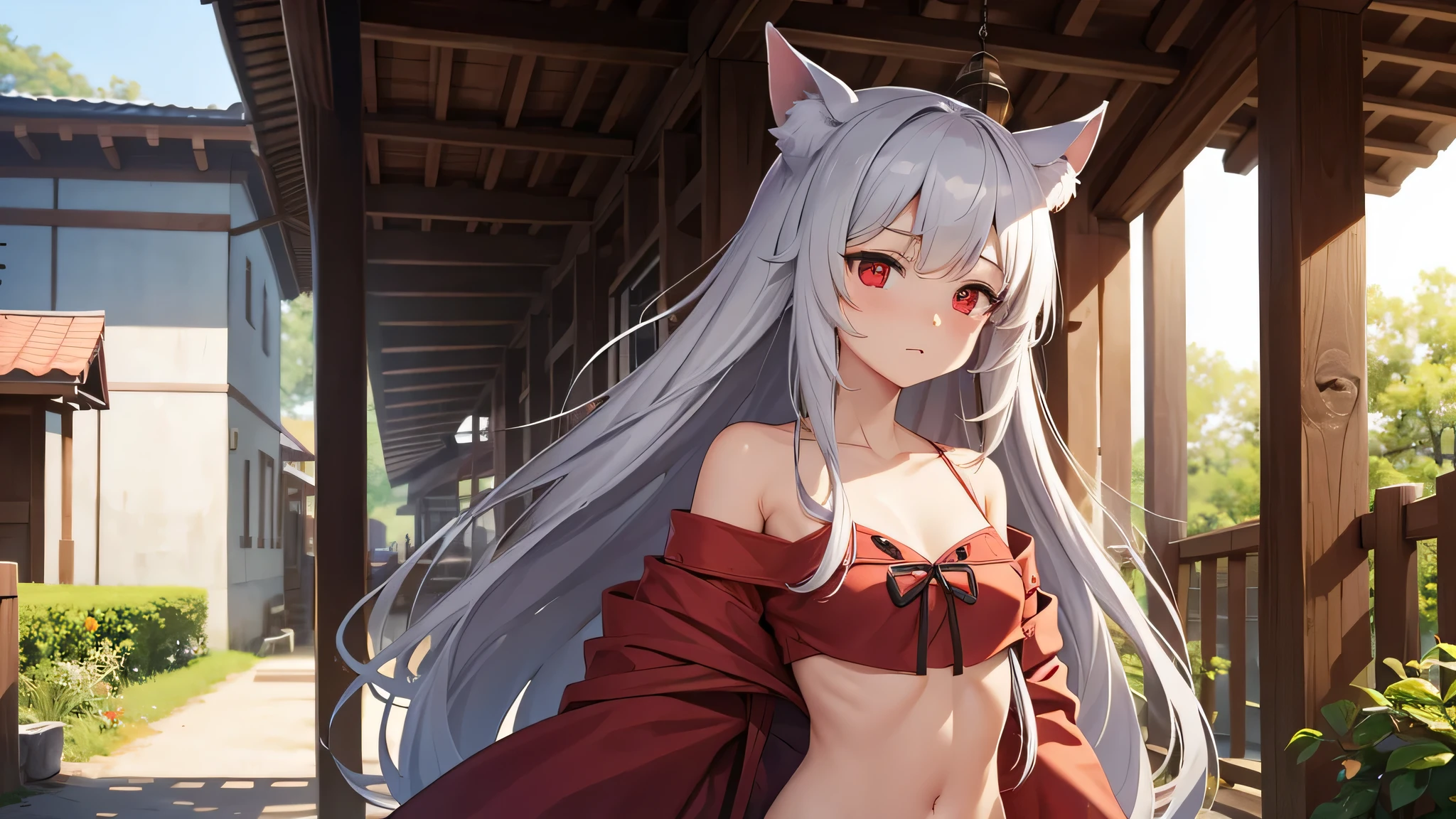 gray hair、Fox、Completely naked、shrine、long hair、red eyes、small breasts、highest quality