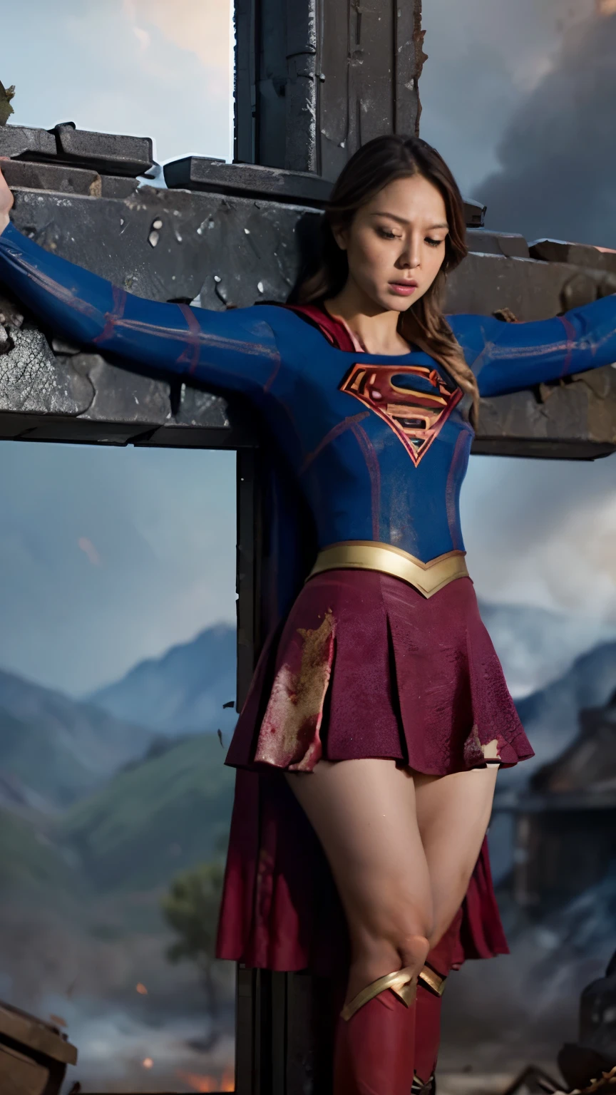 highest quality，masterpiece，UHD, Super detailed, 8K，(Beautiful woman)，(一人のBeautiful woman)，((crucifixion:1.5))，((cross))，(execution)，((incontinence))，scared，torture，slave，((crossにcrucifixionにされた女性：1.5)),crucifixion刑，((supergirl:1.5))，blue suit，Superman logo on chest，red skirt，red boots，((torn costume：1.5))，((Tearing of clothes：1.5))，(tattered clothes)，Beaten face，顔にtraces of being beaten，((bruises on body))，scars on body，injured face and body，(Bruise, dirty, torn clothes, revealing clothes, Blood:1.3)，traces of being beaten，Defeated heroine，a devastated world，ruins，abandoned building，(burning at the stake)，((roasted over fire：1.2))，inflammation