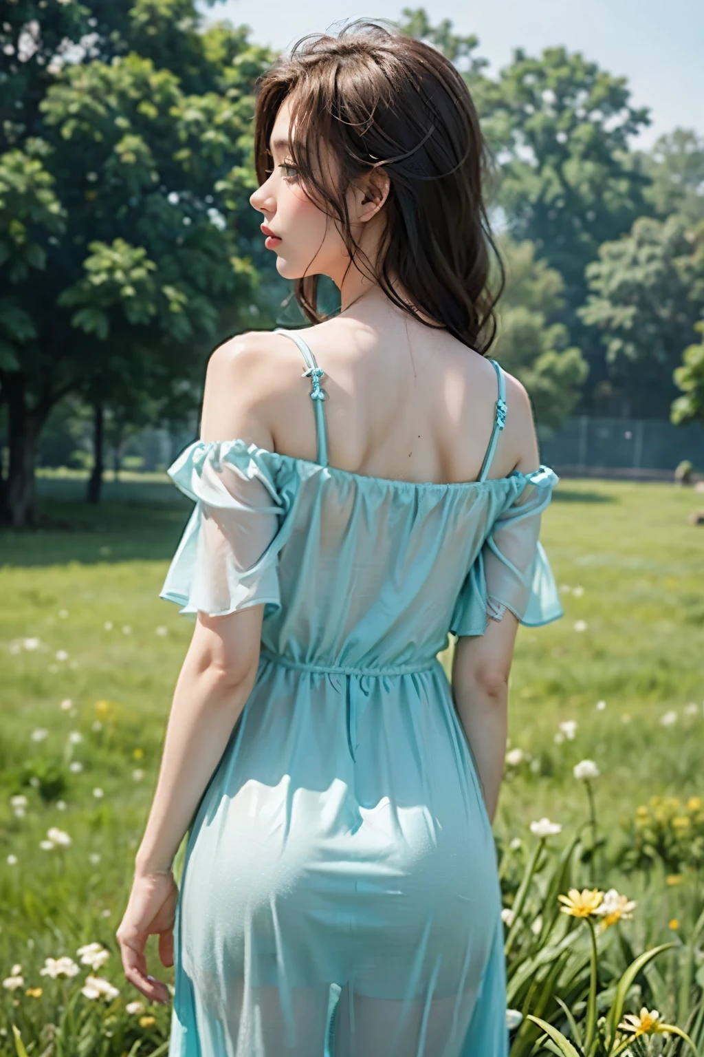 Cyan Off shoulder simple dress, ideal tits, grass flower in rain  background, back view, close up