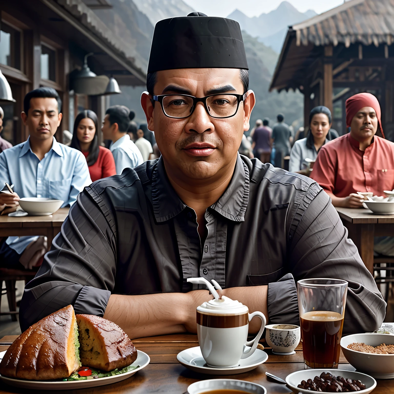 there is a fat man sitting at a table with a plate of food and a cup of coffee, inspired by Rudy Siswanto, inspired by Altoon Sultan, ‘raya and the last dragon’ etc, realistic fantasy render, inspired by Ismail Acar, portrait shot, artwork in the style of guweiz, by Rudy Siswanto, realism art