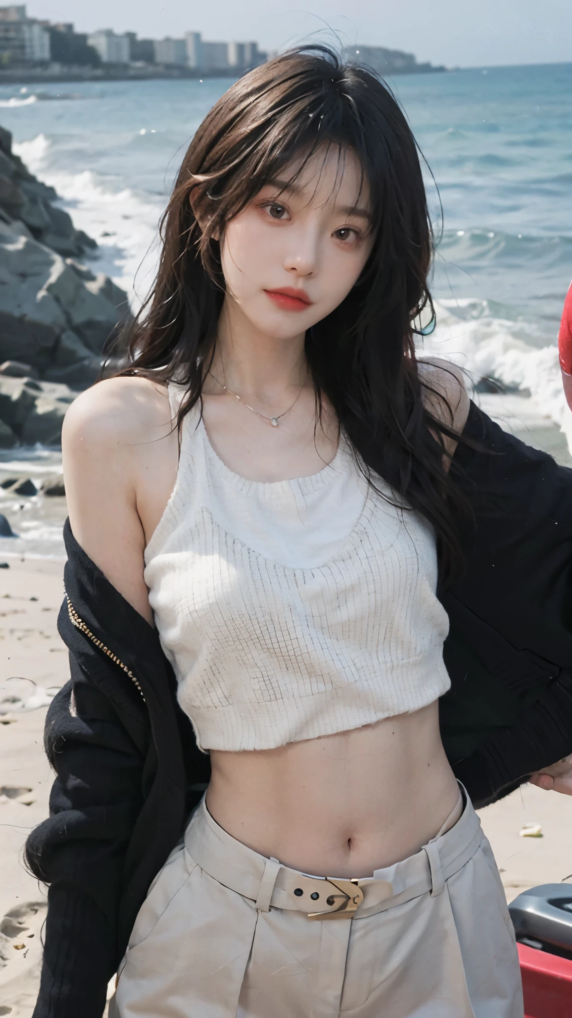 best qualtiy， 超高分辨率， （realisticlying：1.4），cute hairpin，1girll，Red long-haired,Cropped sweater ，Beautiful woman with a slim figure:1.4, Pronounced abs，On the sandy beach,Ultra-fine face，Elaborate Eyes，二重まぶた，choker necklace